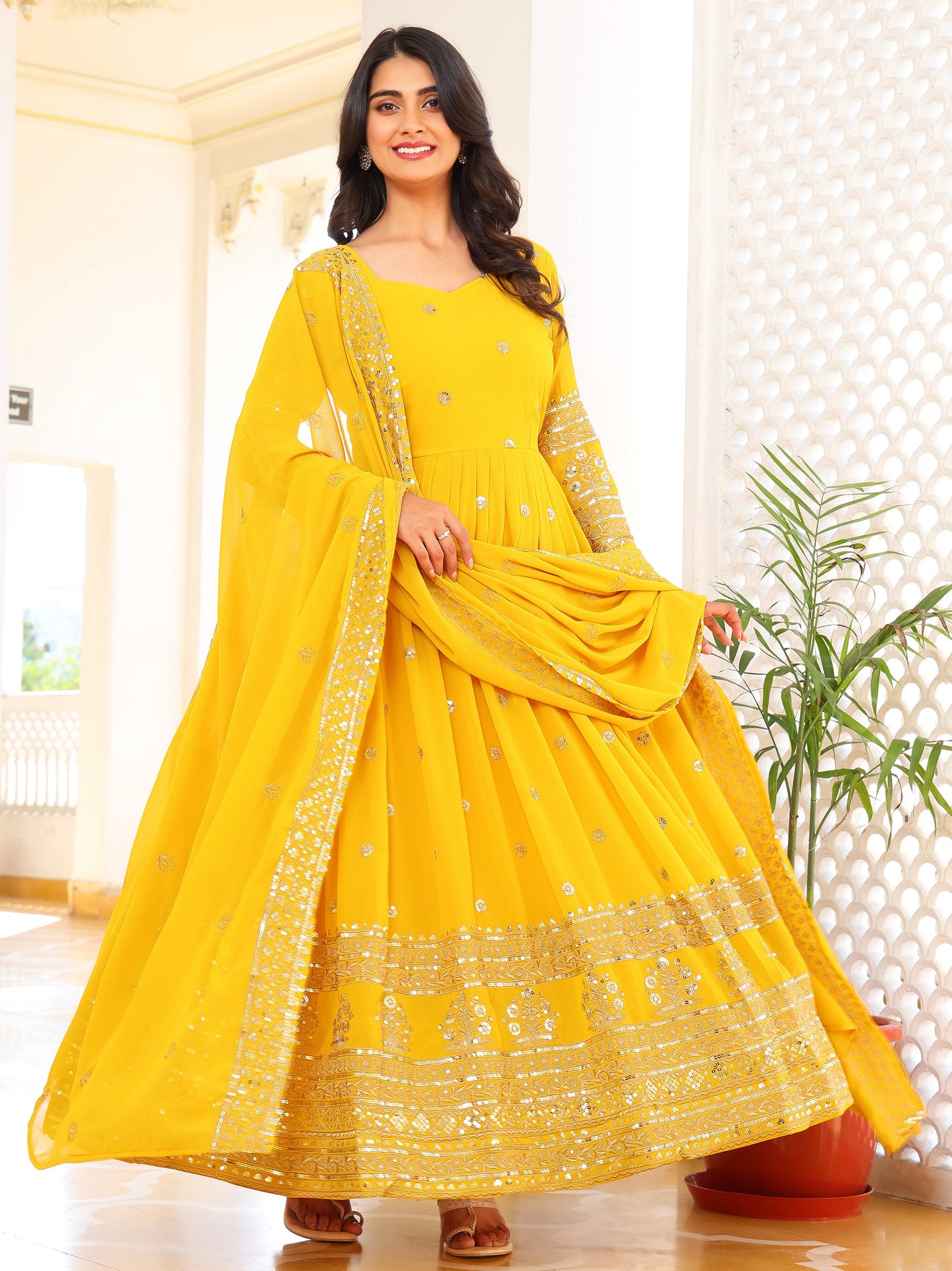 Party Wear Georgette Yellow Anarkli Suit