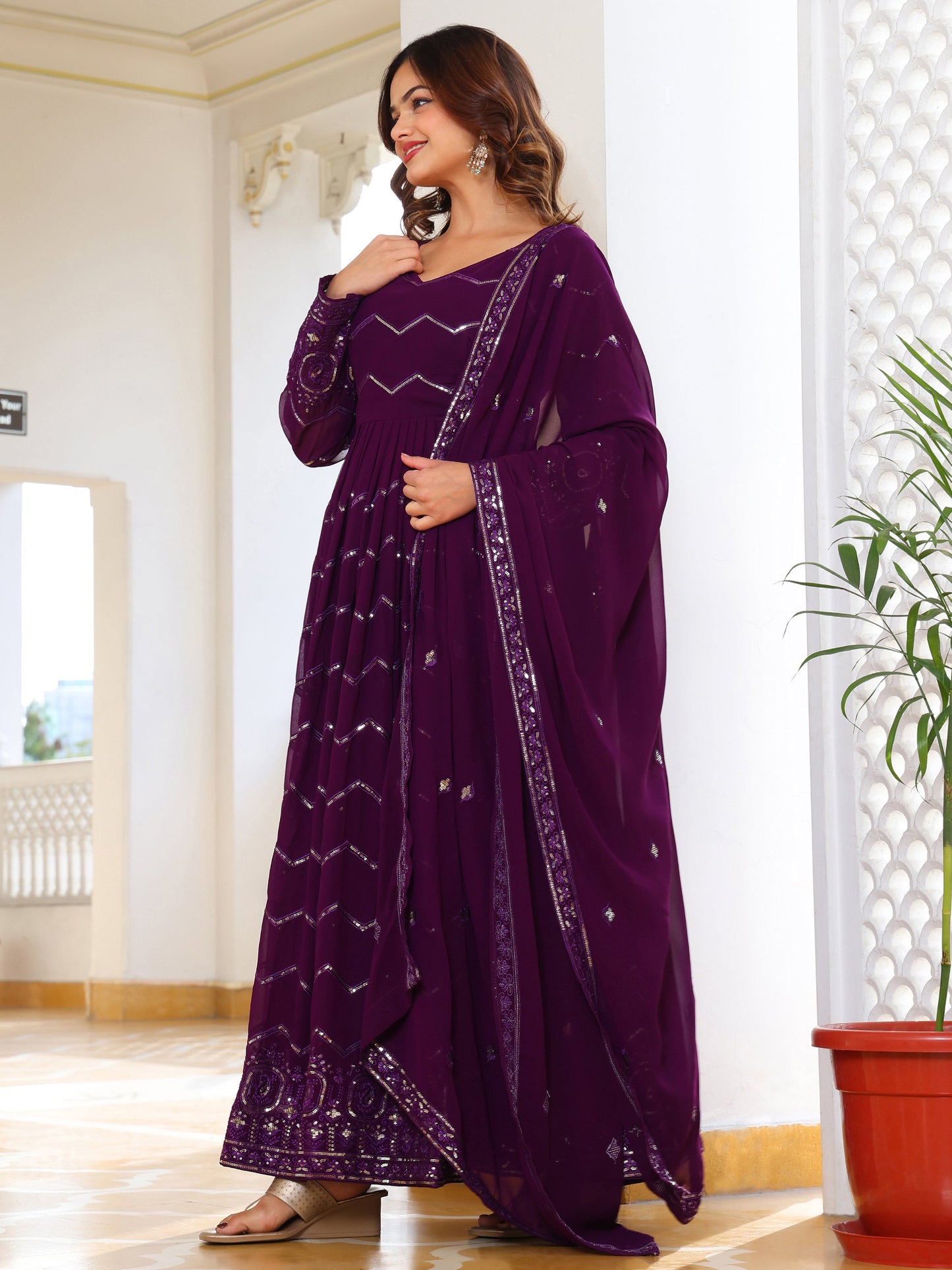 Georgette Party Wear Wine Anarkali Suit