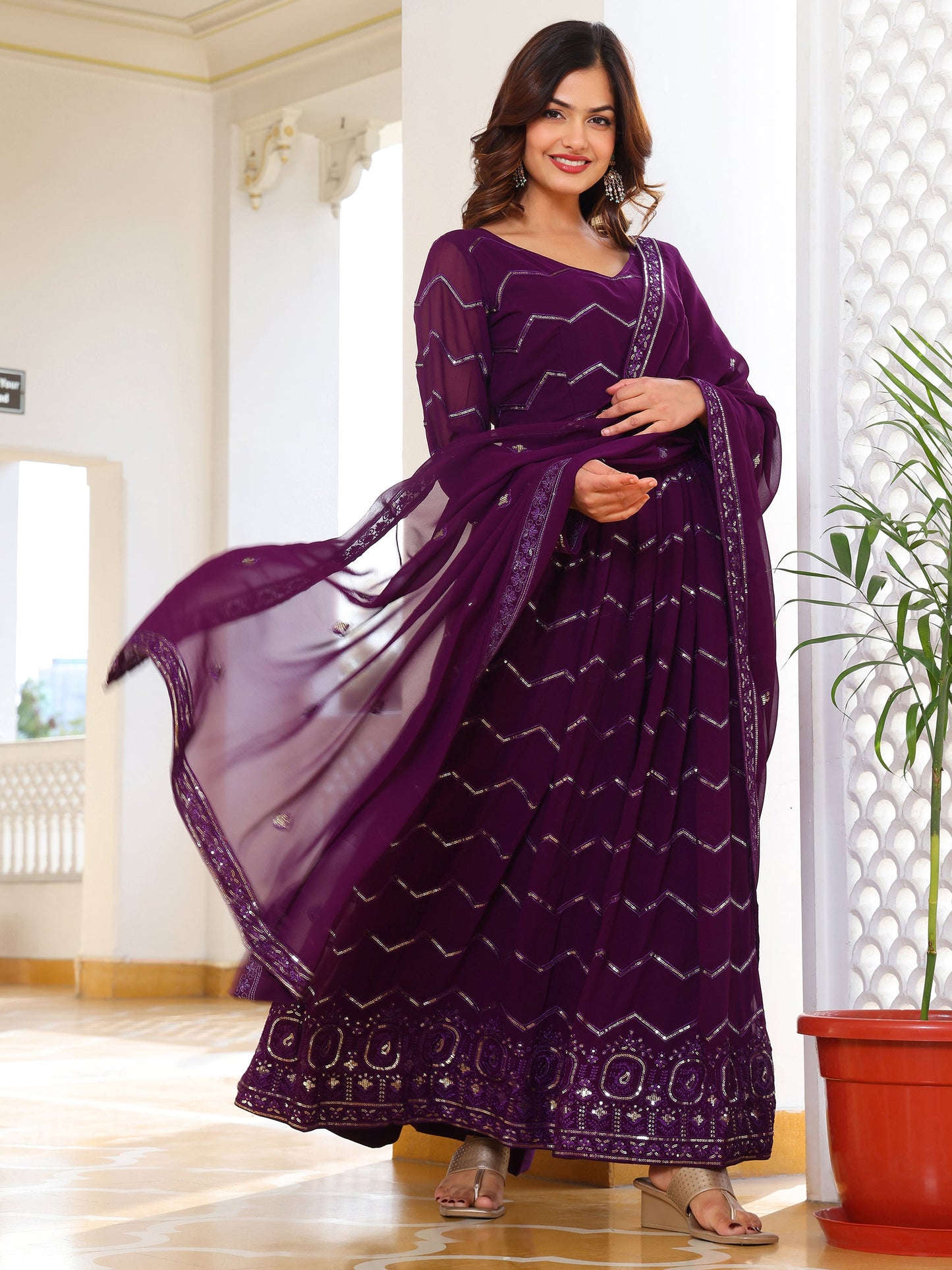 Georgette Party Wear Wine Anarkali Suit