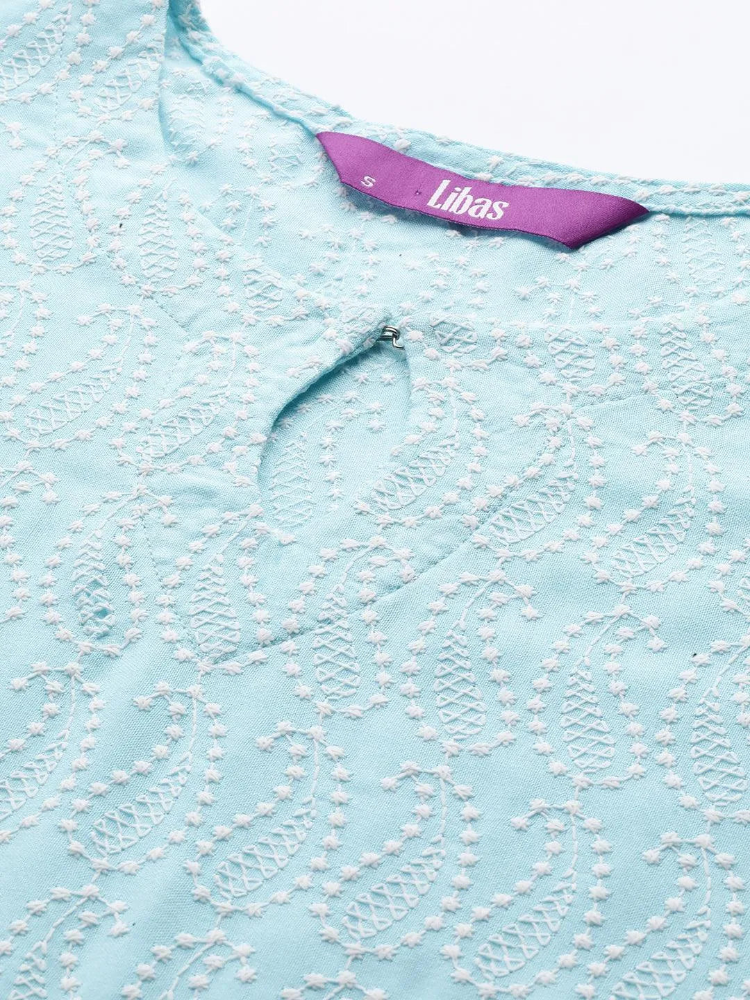 Blue Embroidered Rayon Fit and Flare Dress