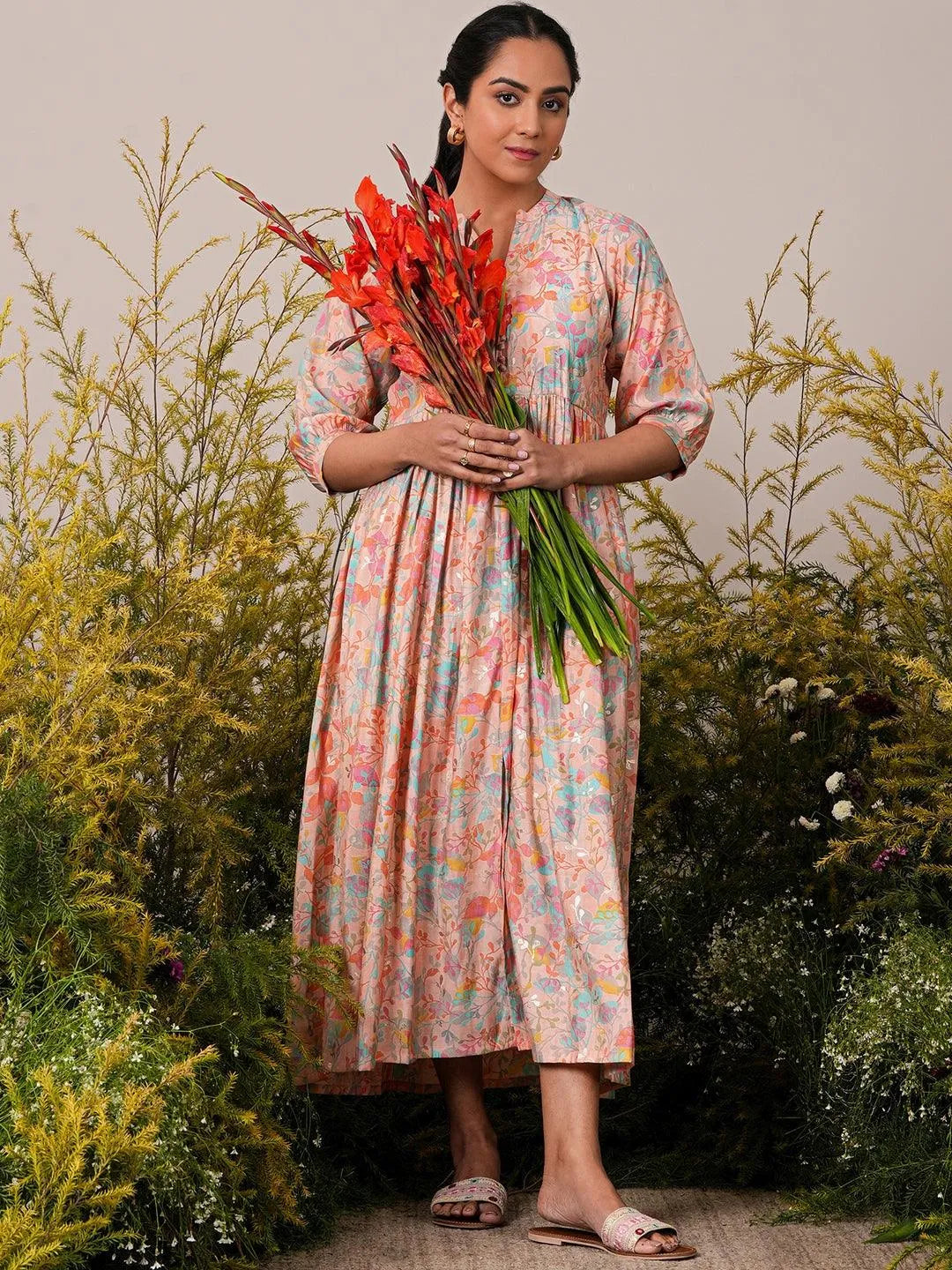 Peach Printed Silk Fit and Flare Dress by My Store