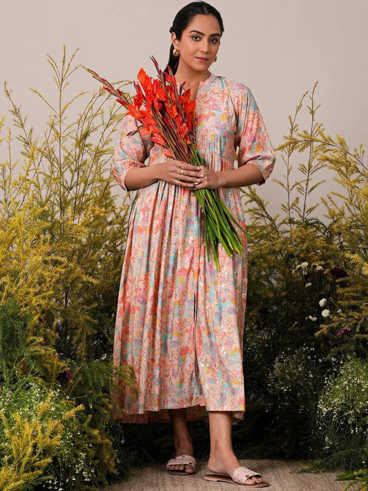 Peach Printed Silk Fit and Flare Dress by My Store