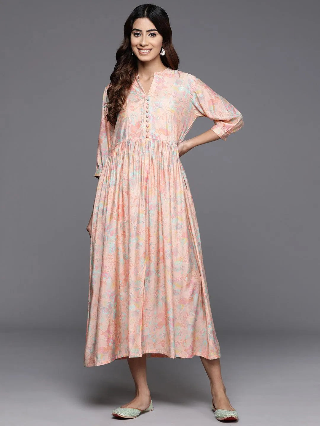 Peach Printed Silk Fit and Flare Dress by My Store