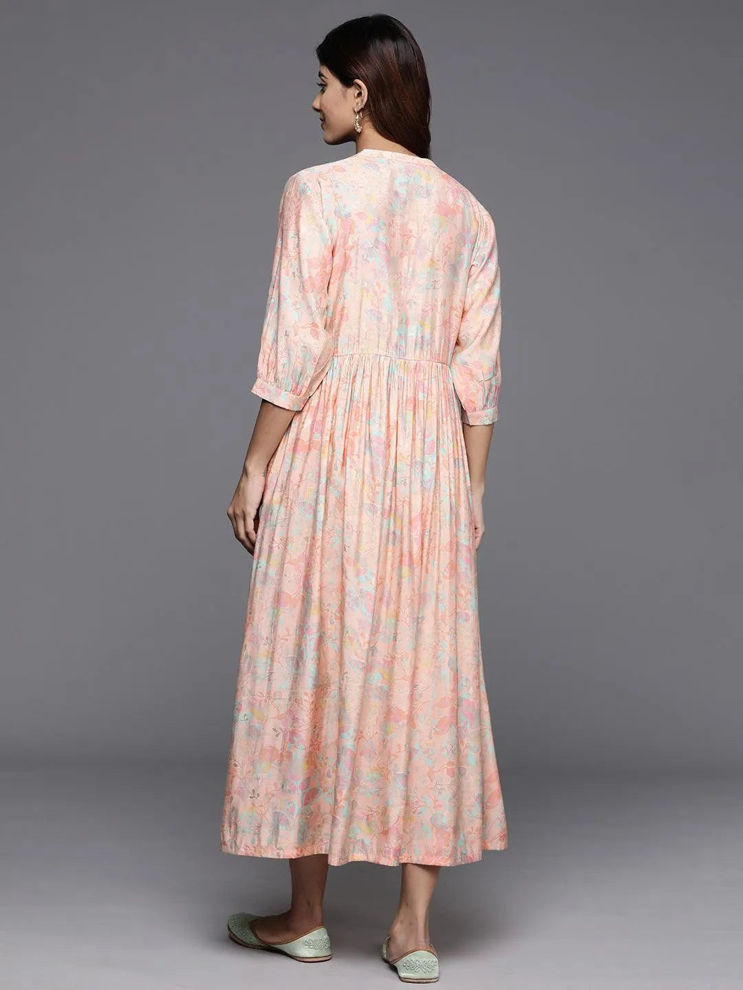 Peach Printed Silk Fit and Flare Dress by My Store