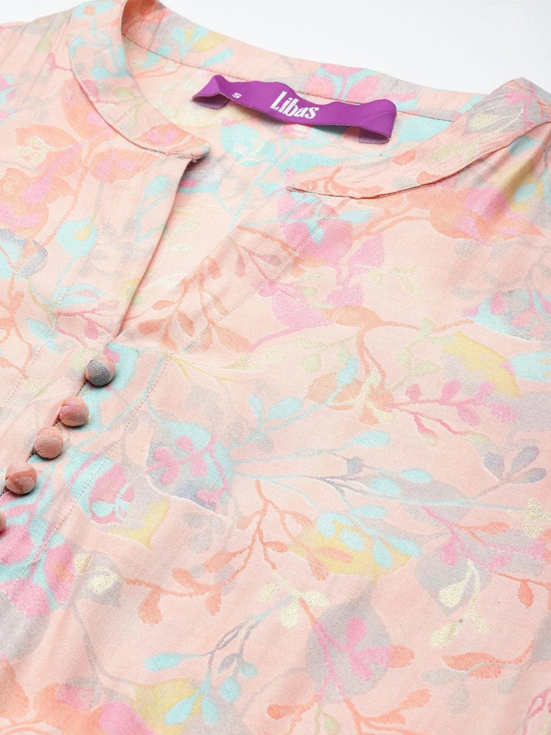 Peach Printed Silk Fit and Flare Dress by My Store