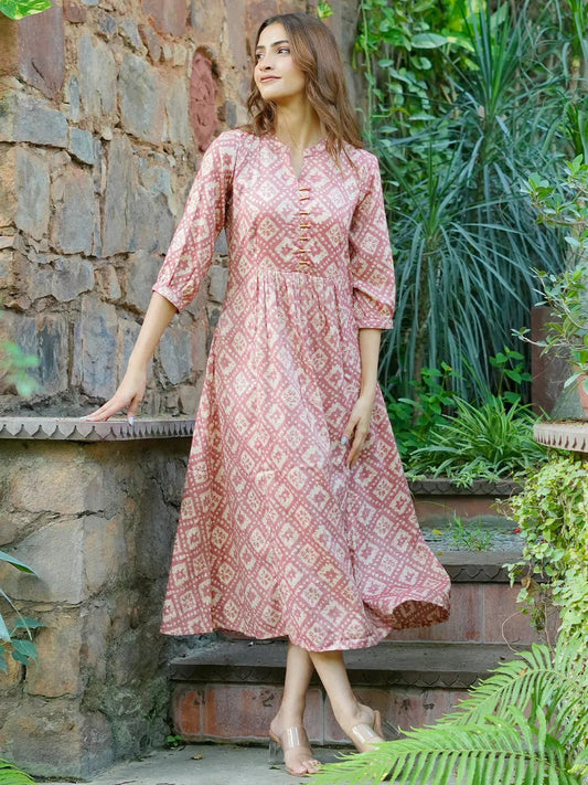 Peach Printed Silk A-Line Dress by My Store