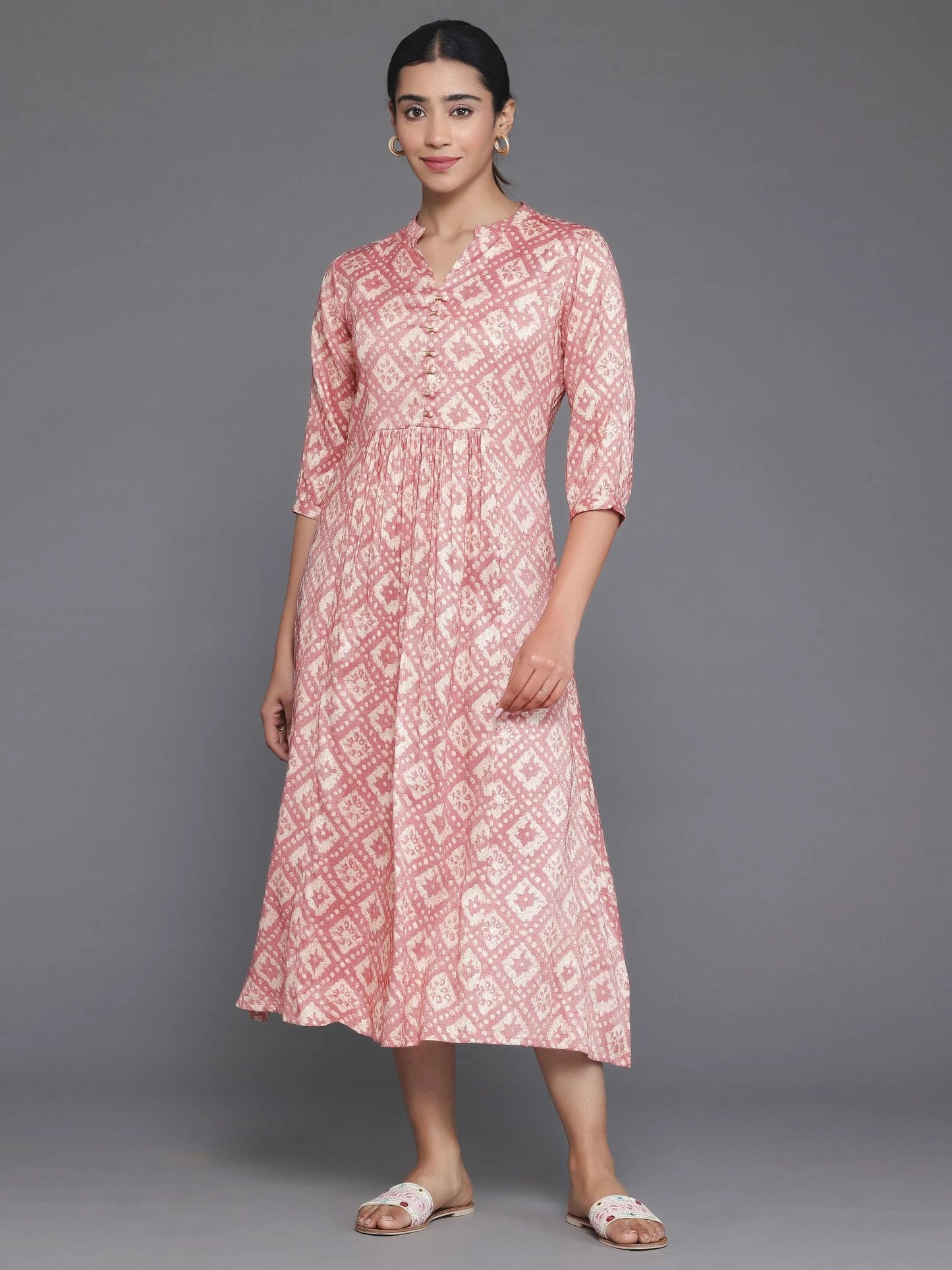 Peach Printed Silk A-Line Dress by My Store