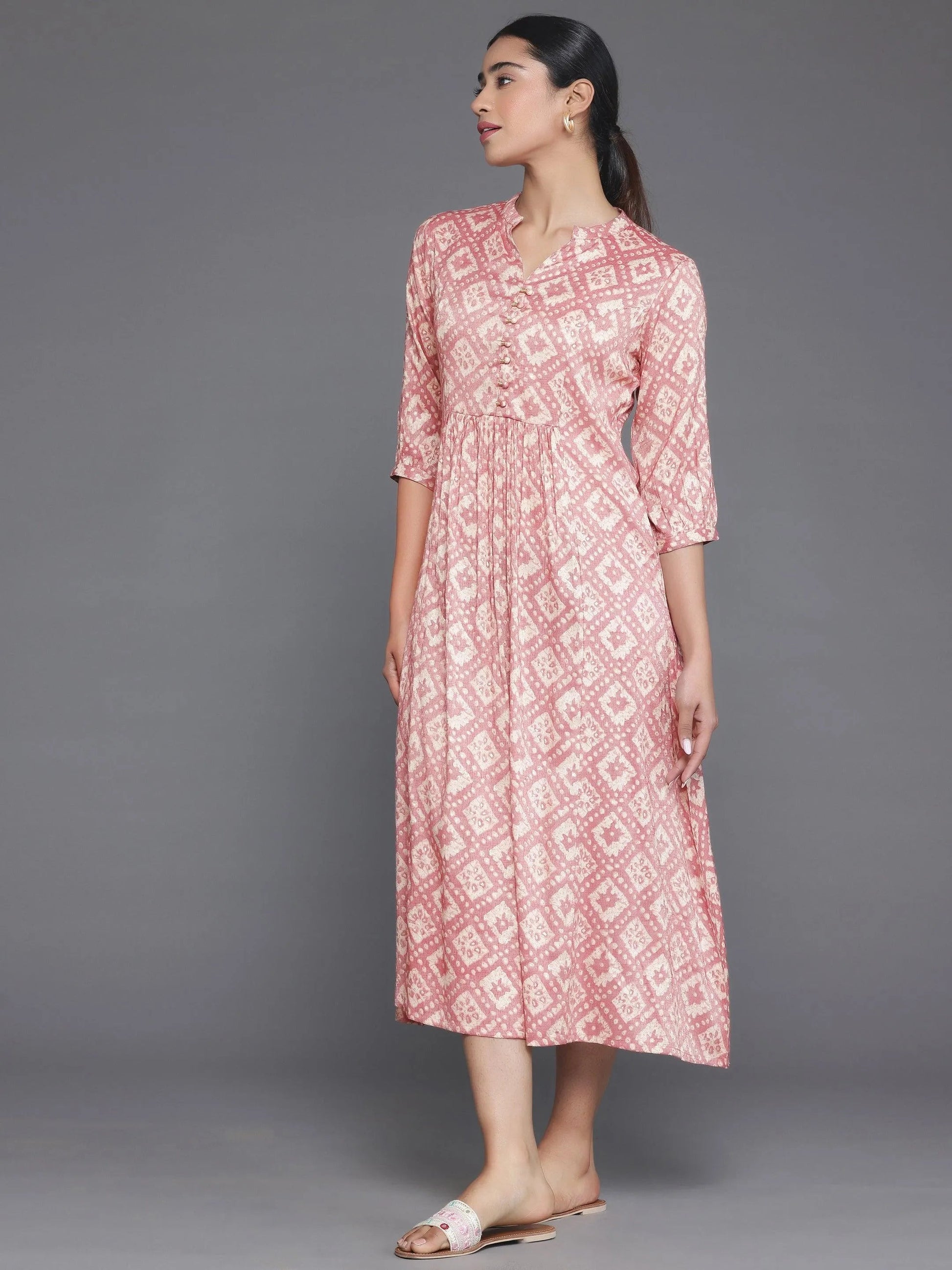 Peach Printed Silk A-Line Dress by My Store