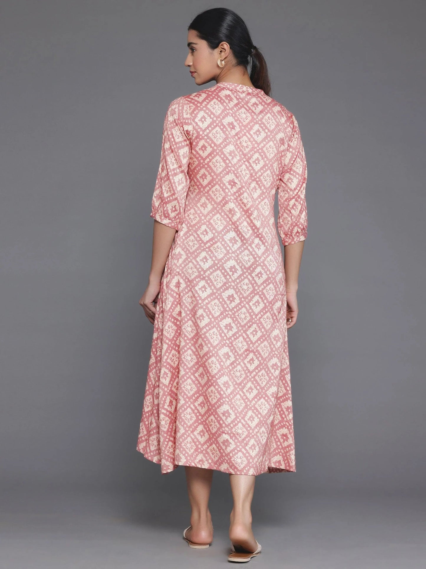 Peach Printed Silk A-Line Dress by My Store