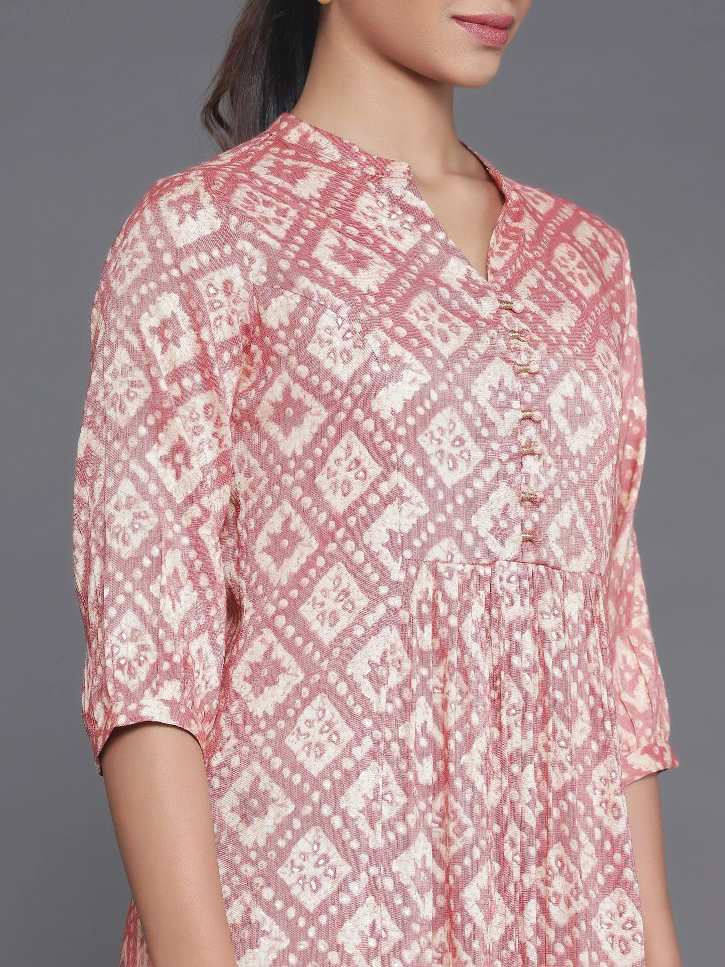 Peach Printed Silk A-Line Dress by My Store