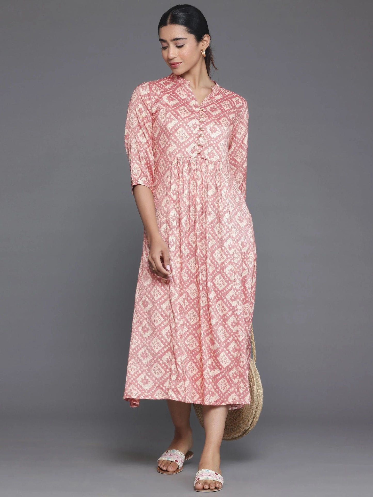 Peach Printed Silk A-Line Dress by My Store