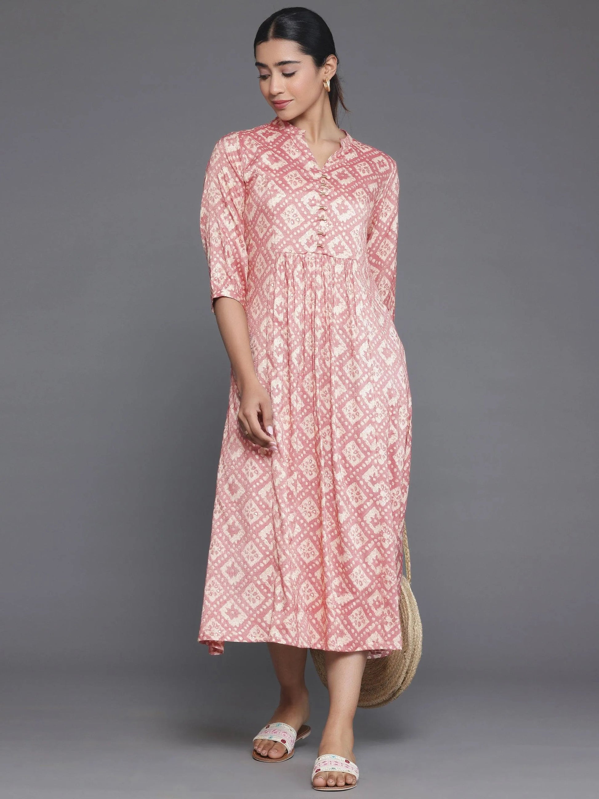 Peach Printed Silk A-Line Dress by My Store