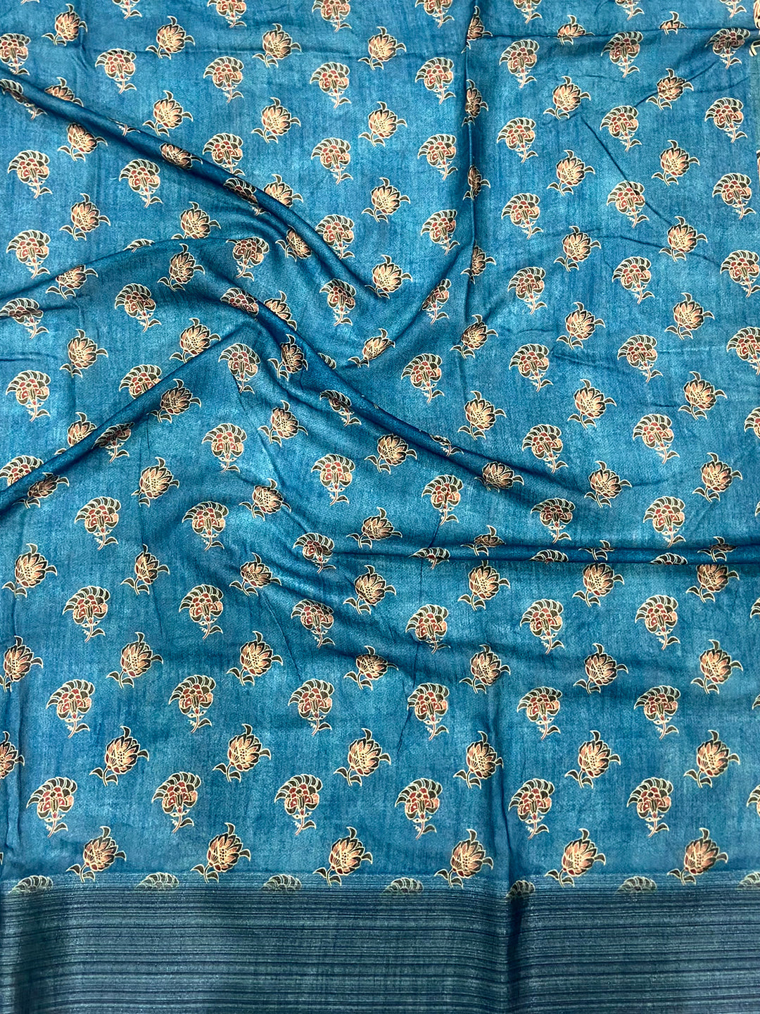 Teal Linen Block Kalamkari Print Saree by My Store