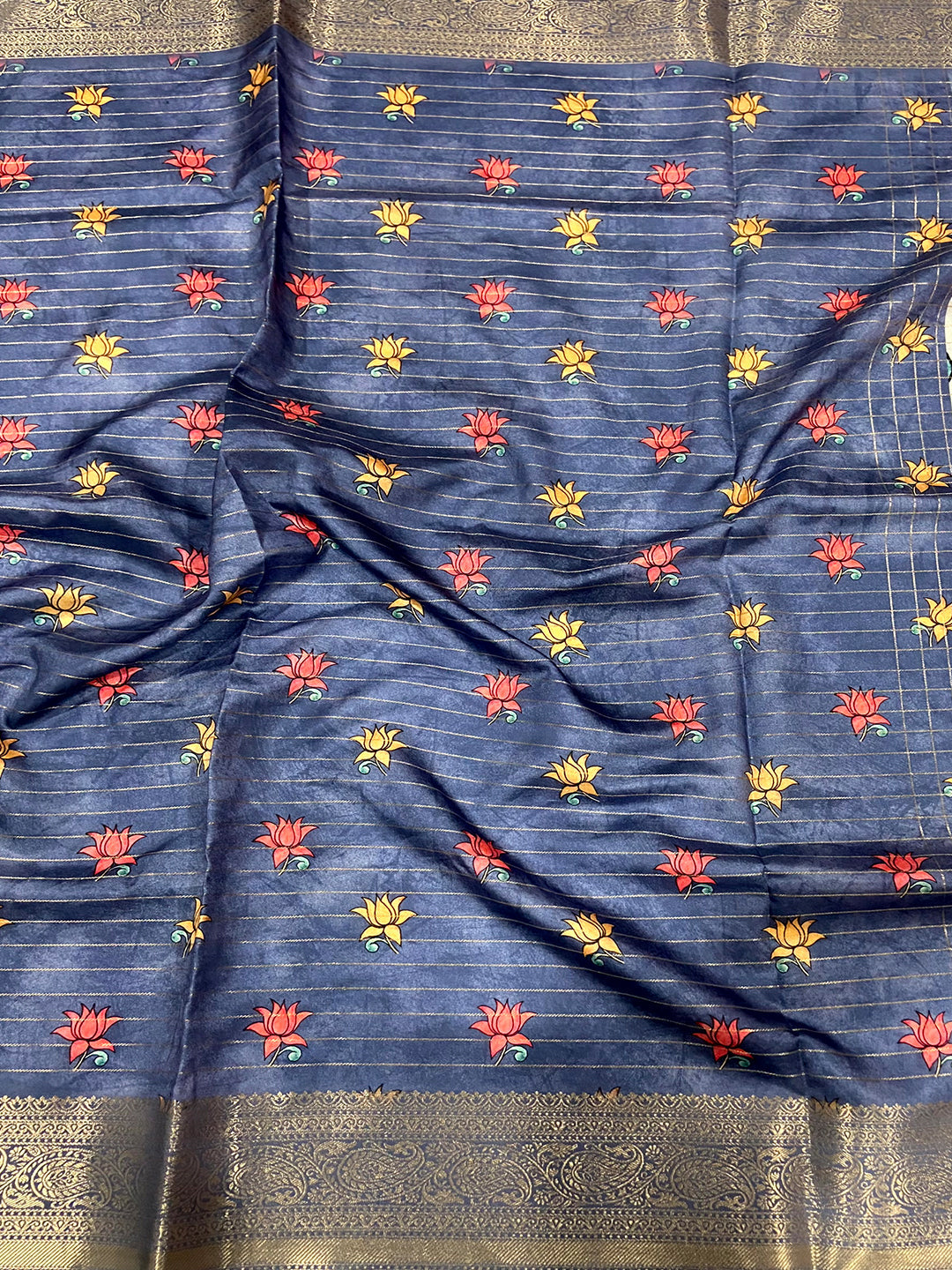 Blue Freehand Design Gadwal Saree