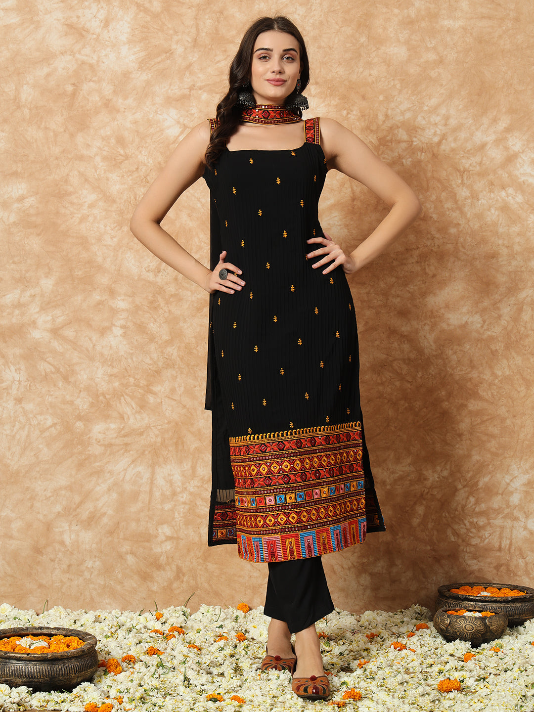 Georgette Embroidery Straight Black Kurta Set