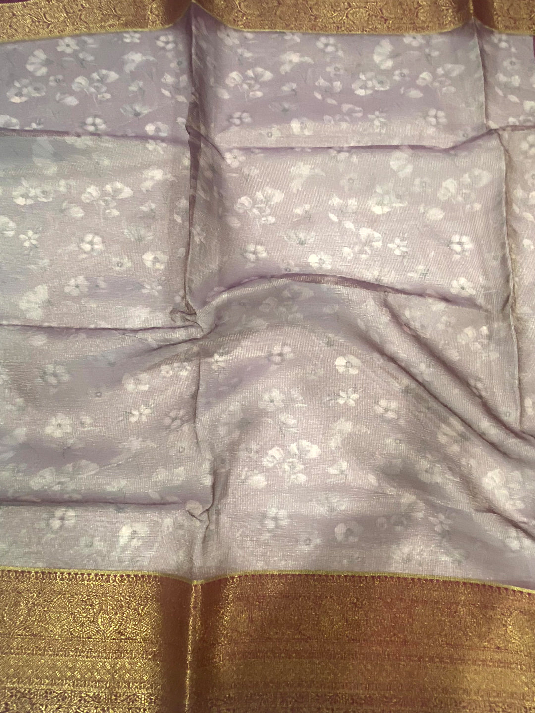 Lavender Floral Gold Zari Tissue Saree