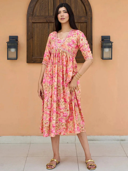Orange Printed Silk Fit and Flare Dress by My Store