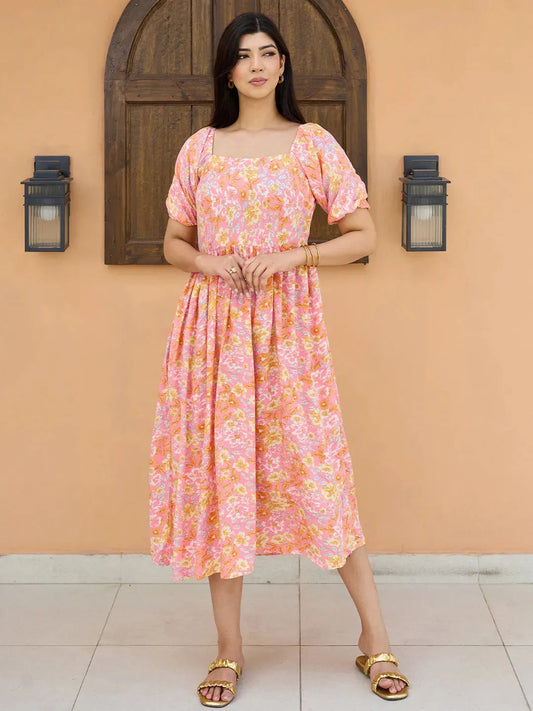 Peach Printed Rayon Fit and Flare Dress by My Store