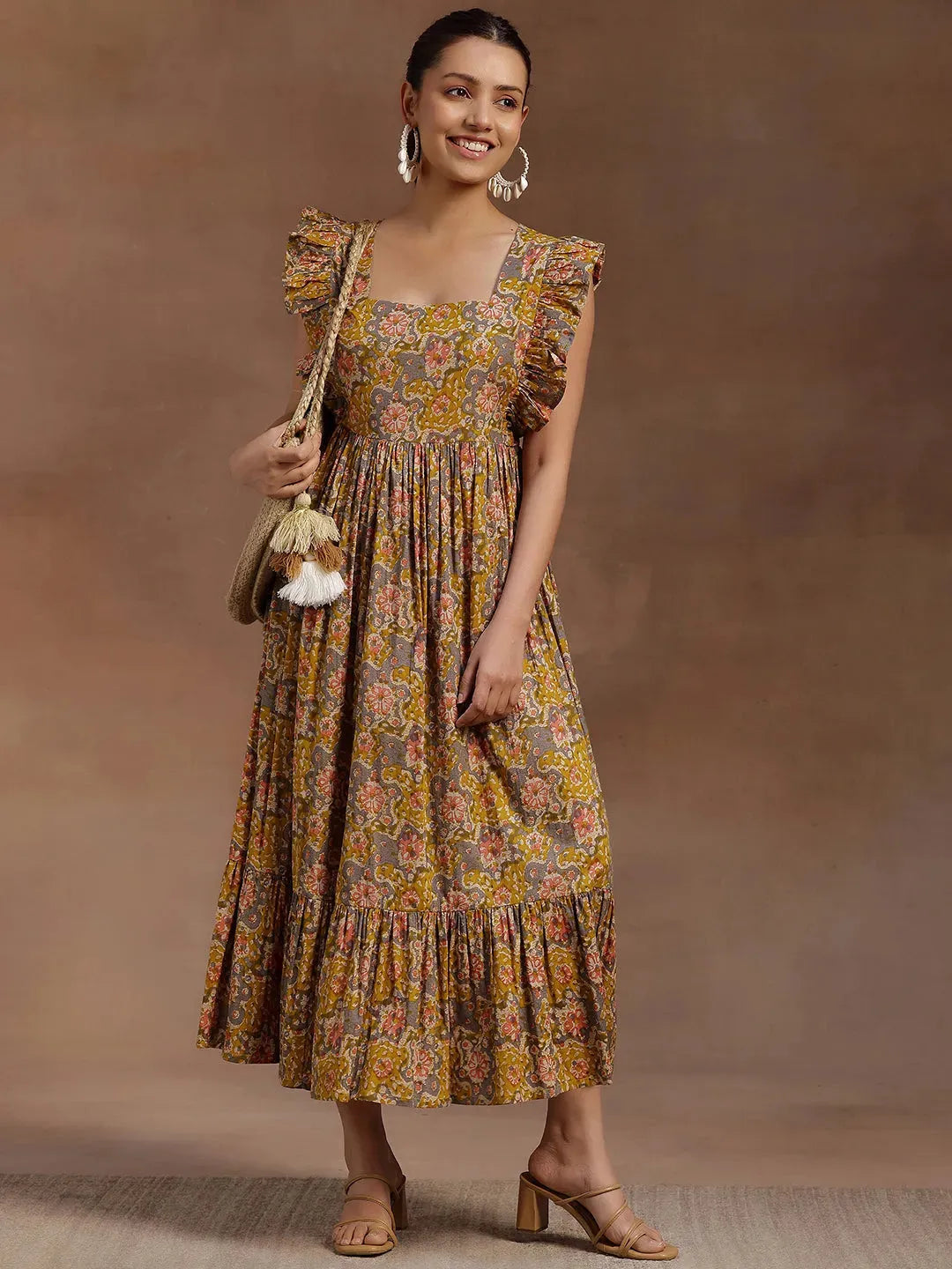 Mustard Printed Cotton Fit and Flare Dress by My Store