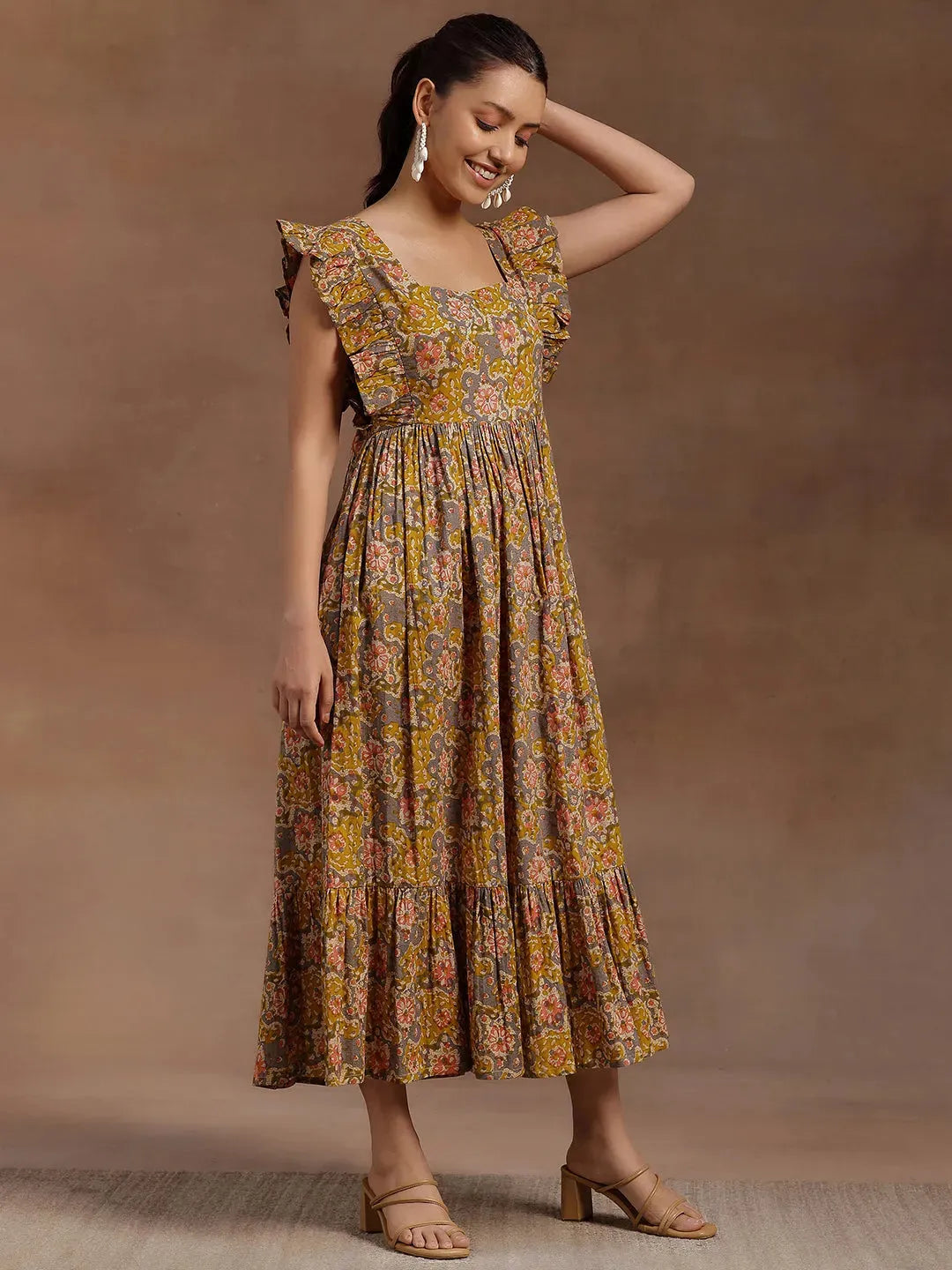 Mustard Printed Cotton Fit and Flare Dress by My Store