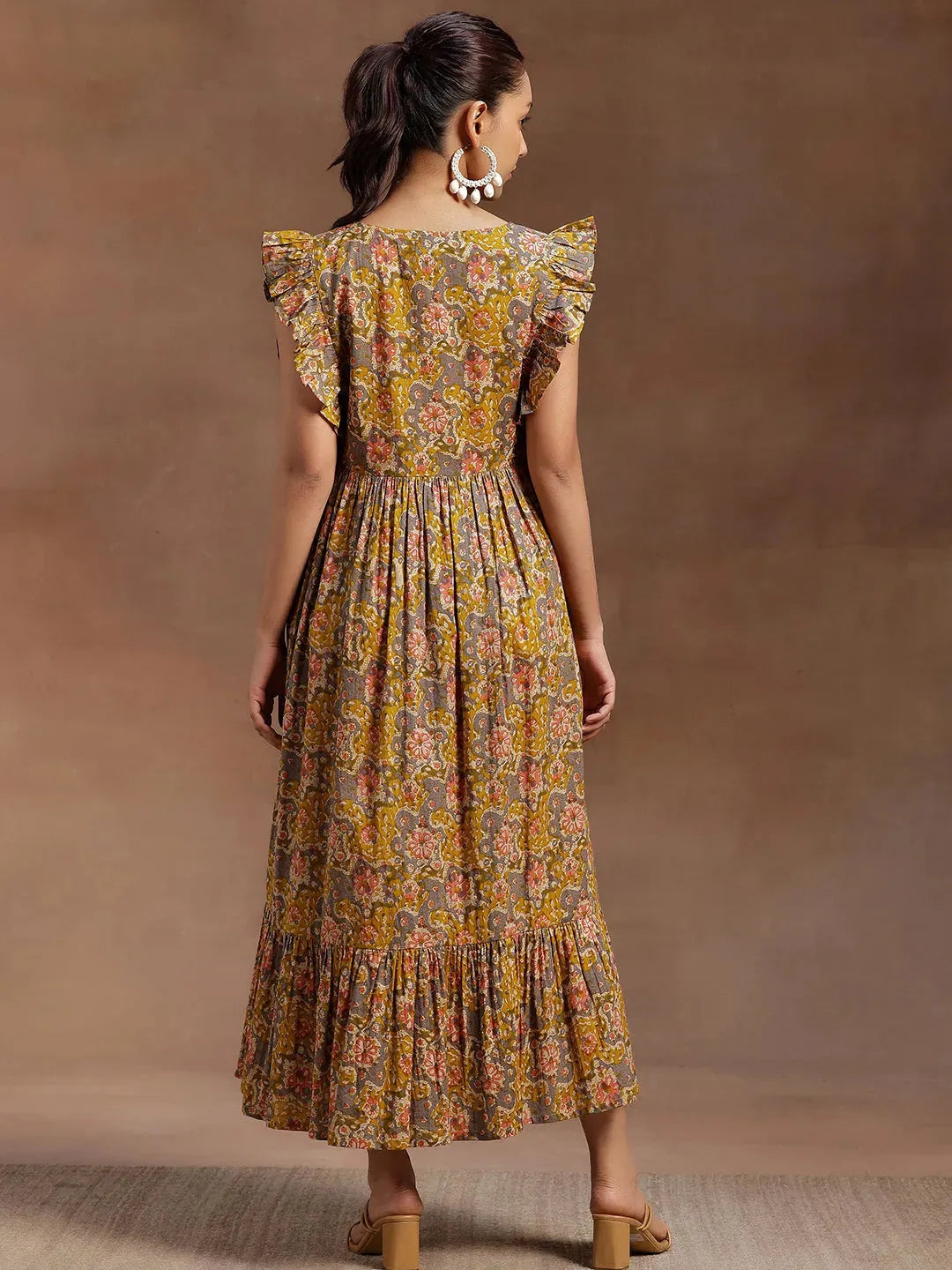 Mustard Printed Cotton Fit and Flare Dress by My Store