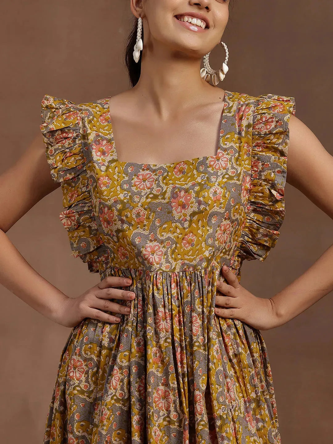 Mustard Printed Cotton Fit and Flare Dress by My Store