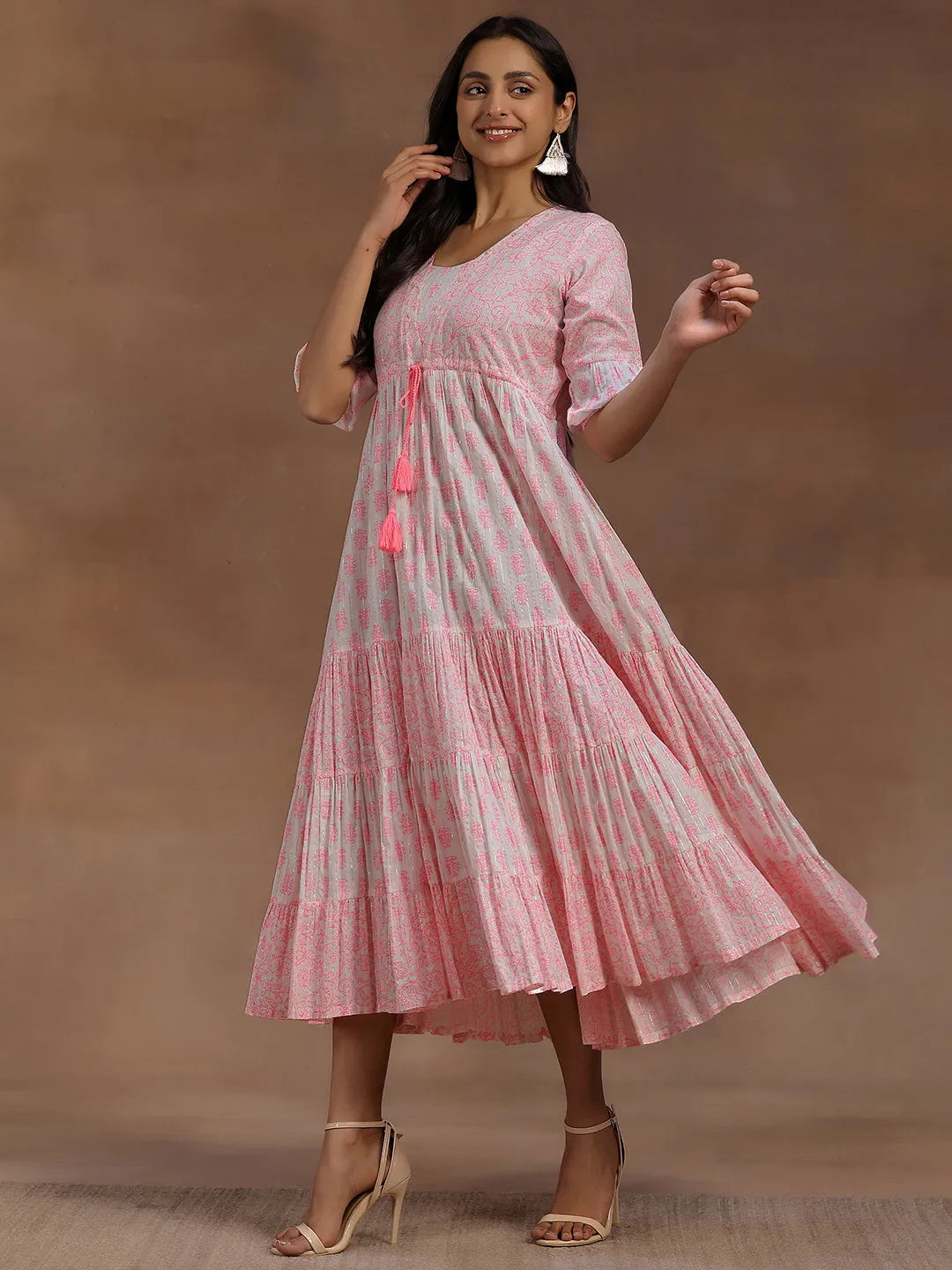 Pink Printed Cotton A-Line Dress by My Store