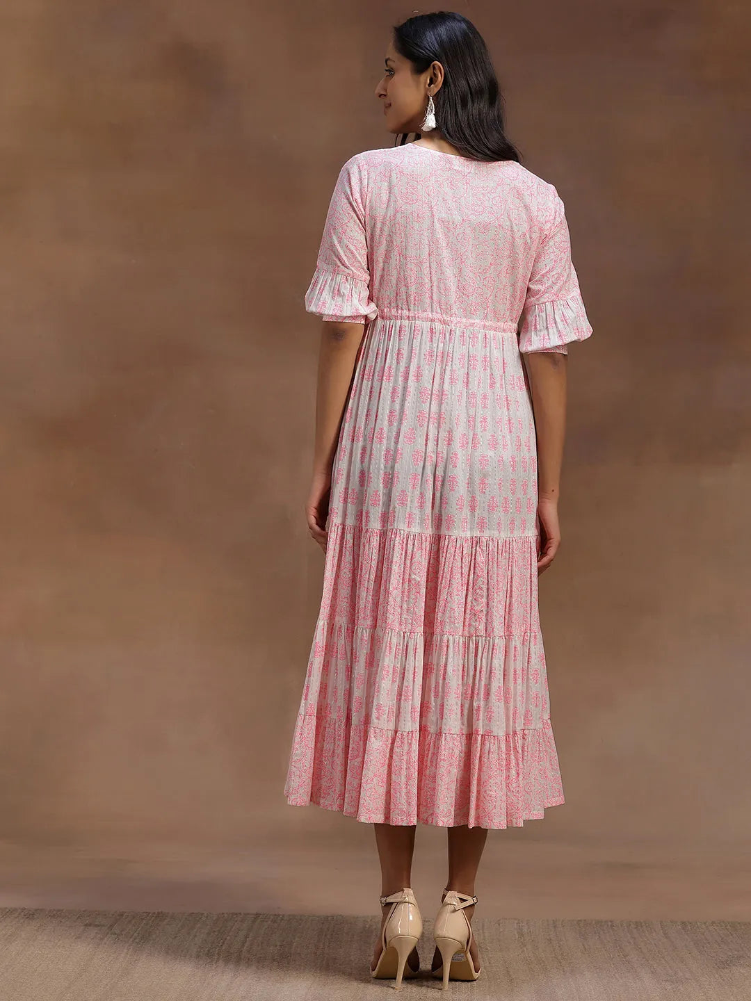 Pink Printed Cotton A-Line Dress by My Store