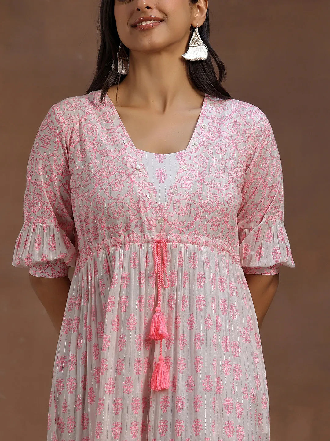 Pink Printed Cotton A-Line Dress by My Store