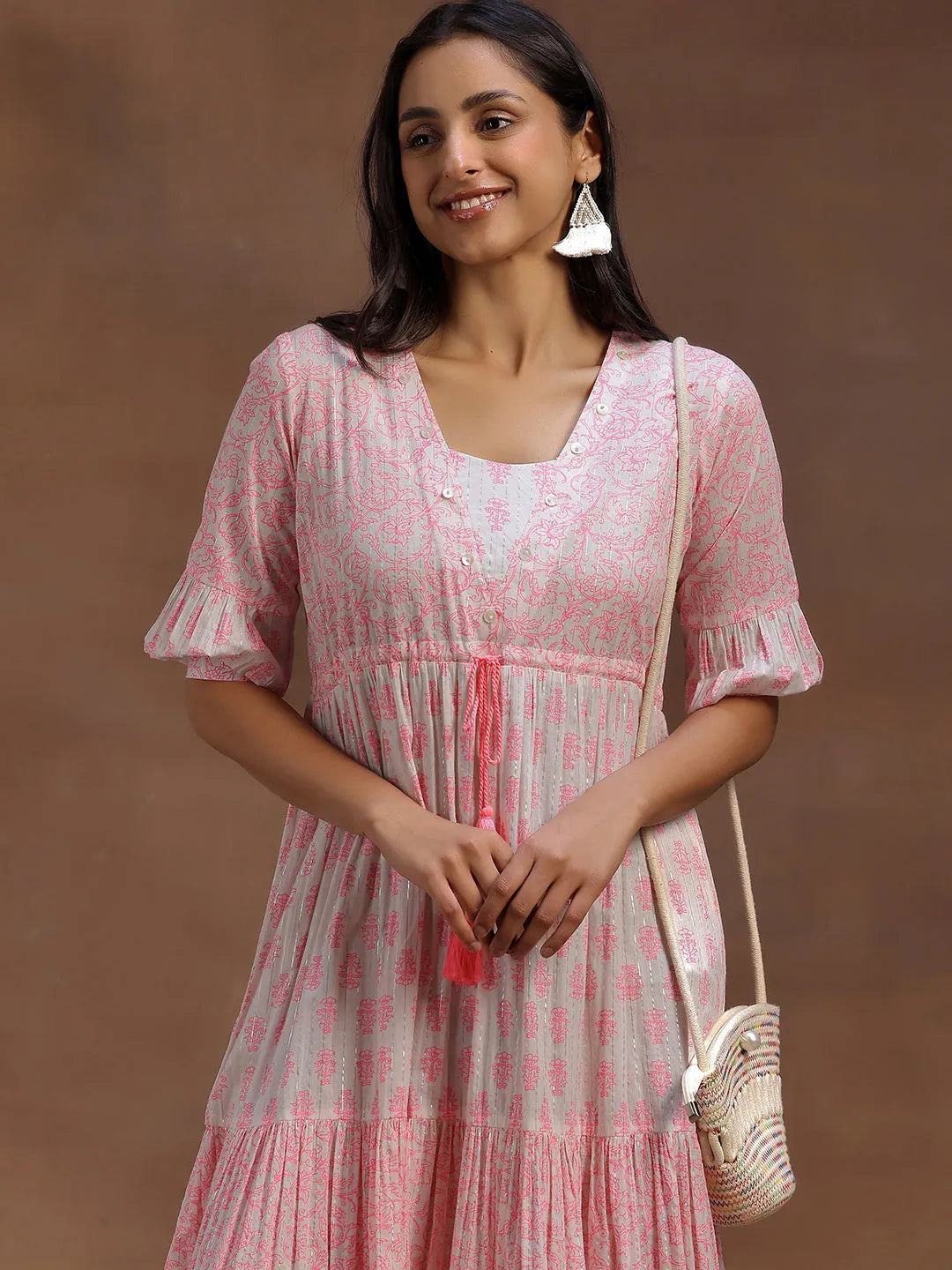 Pink Printed Cotton A-Line Dress by My Store
