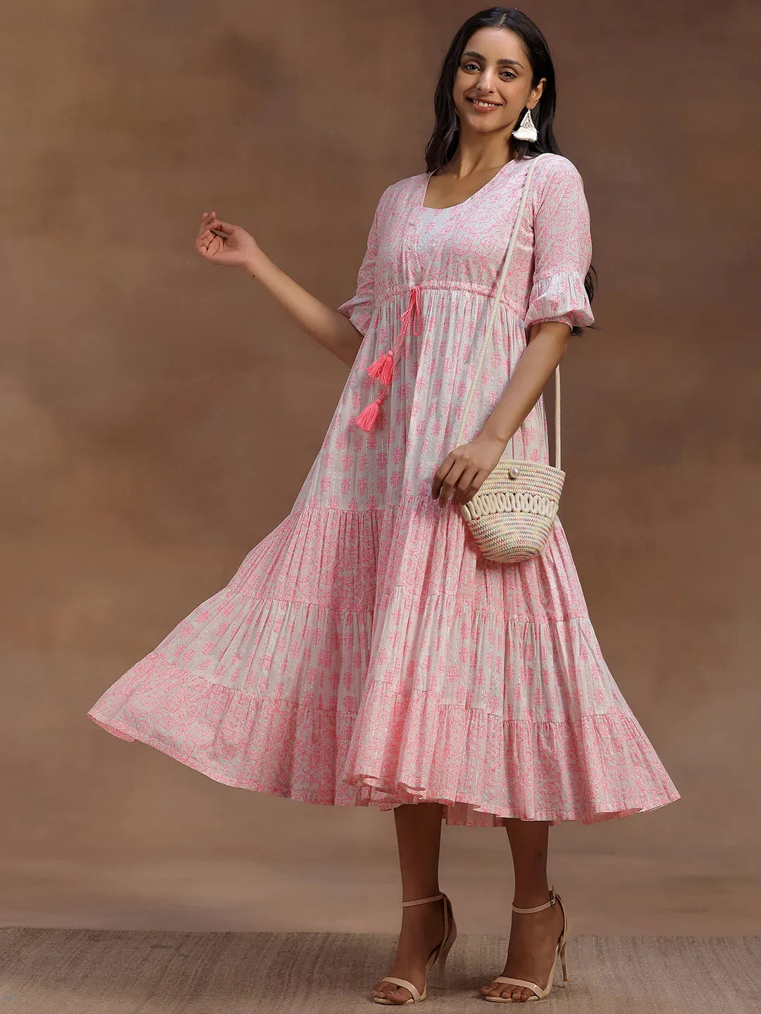 Pink Printed Cotton A-Line Dress by My Store