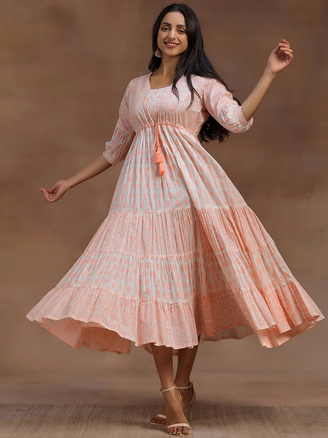 Orange Printed Cotton A-Line Dress by My Store