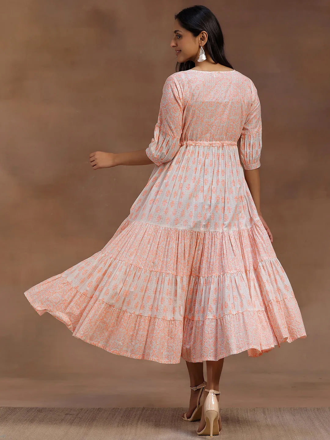 Orange Printed Cotton A-Line Dress by My Store