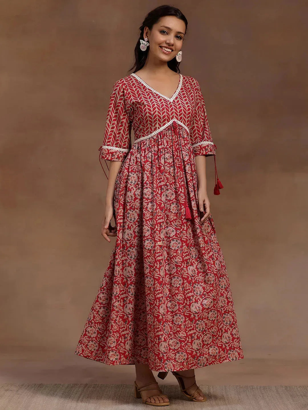 Pink Printed Cotton Fit and Flare Dress by My Store