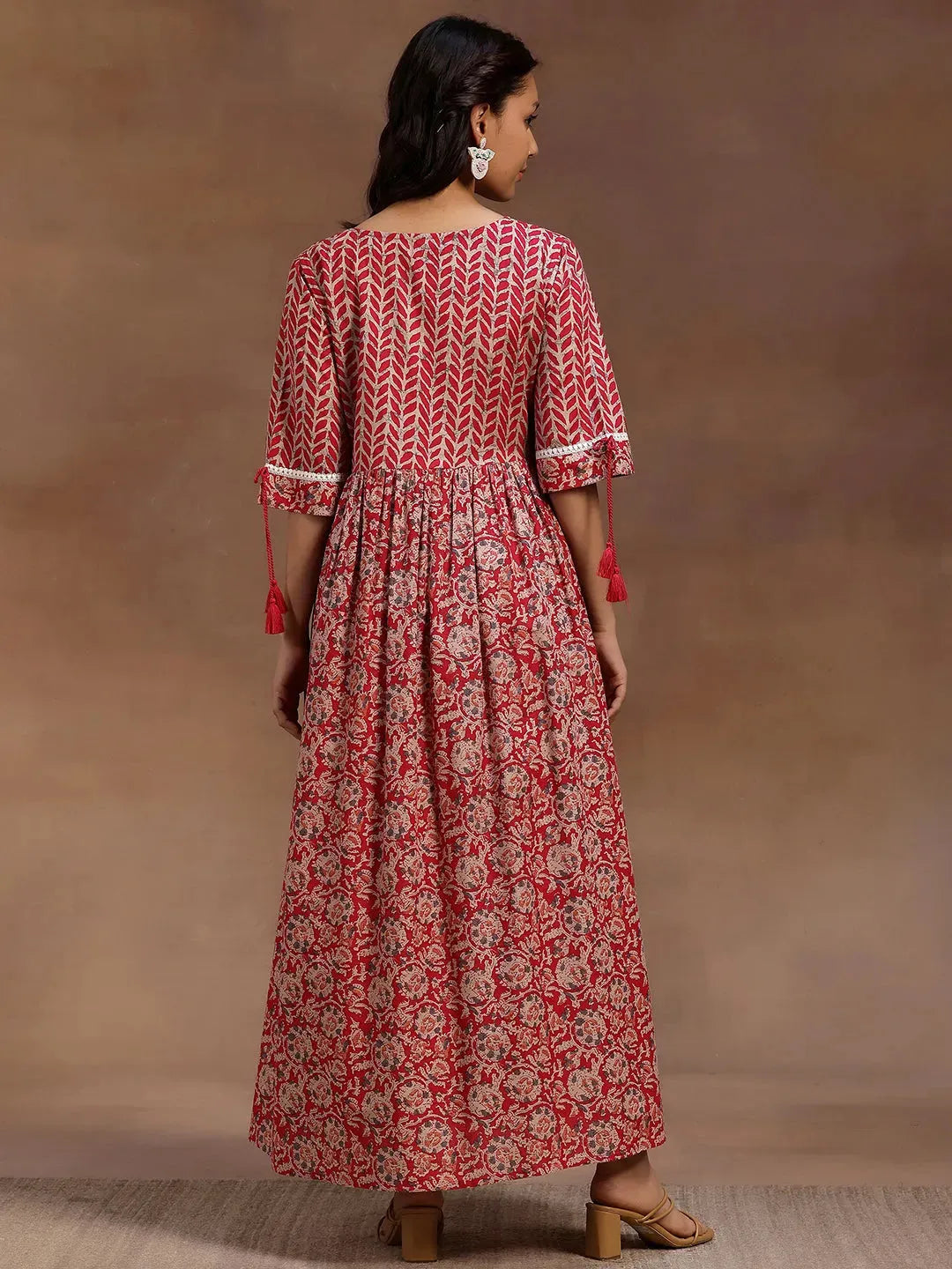 Pink Printed Cotton Fit and Flare Dress by My Store