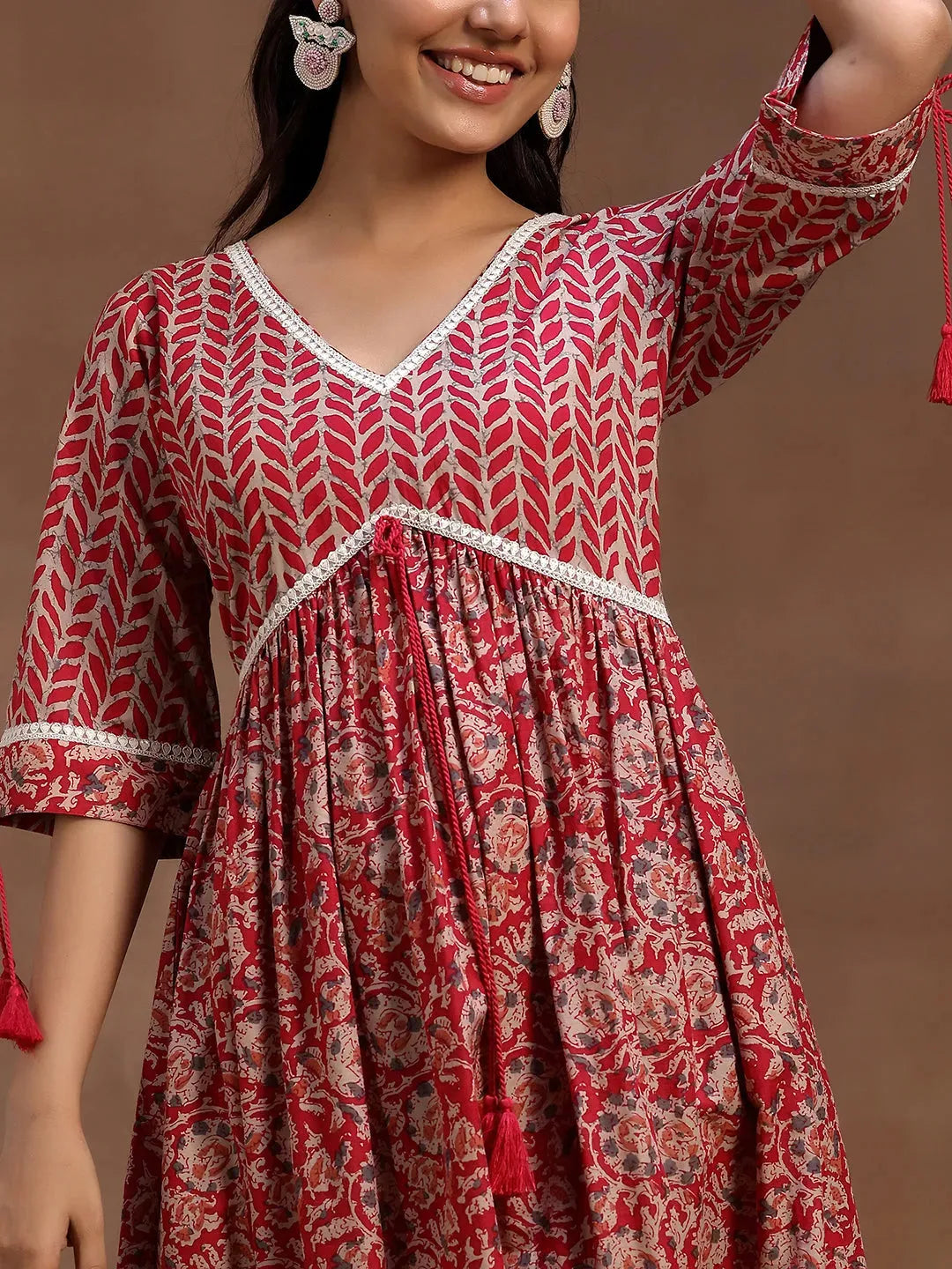 Pink Printed Cotton Fit and Flare Dress by My Store