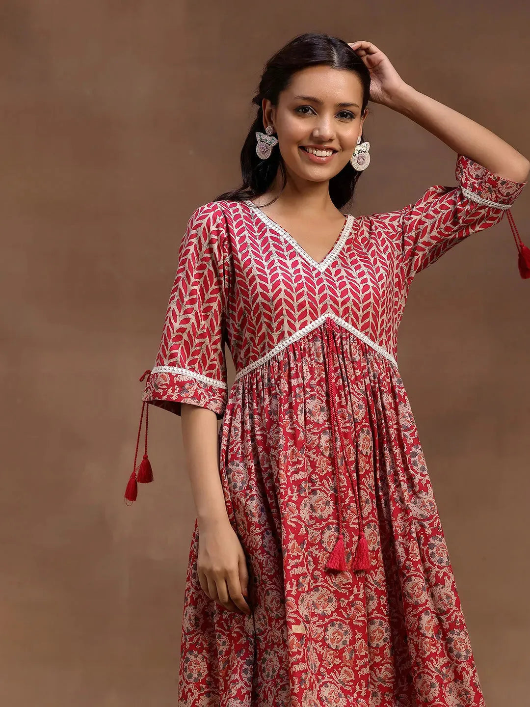 Pink Printed Cotton Fit and Flare Dress by My Store