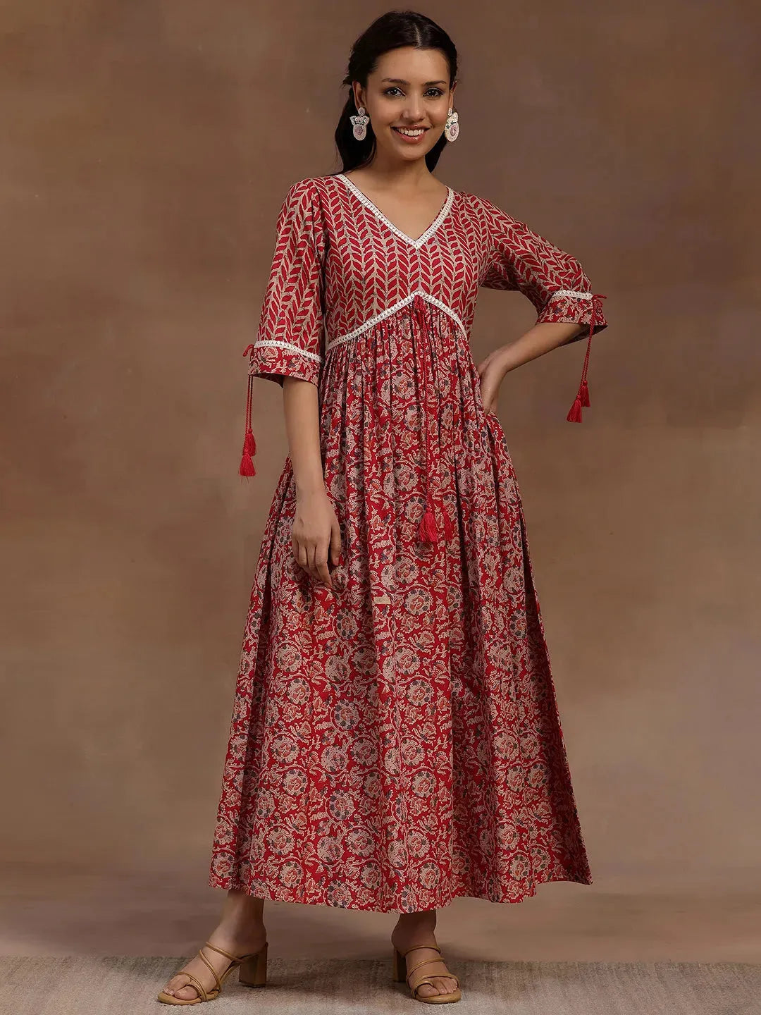 Pink Printed Cotton Fit and Flare Dress by My Store