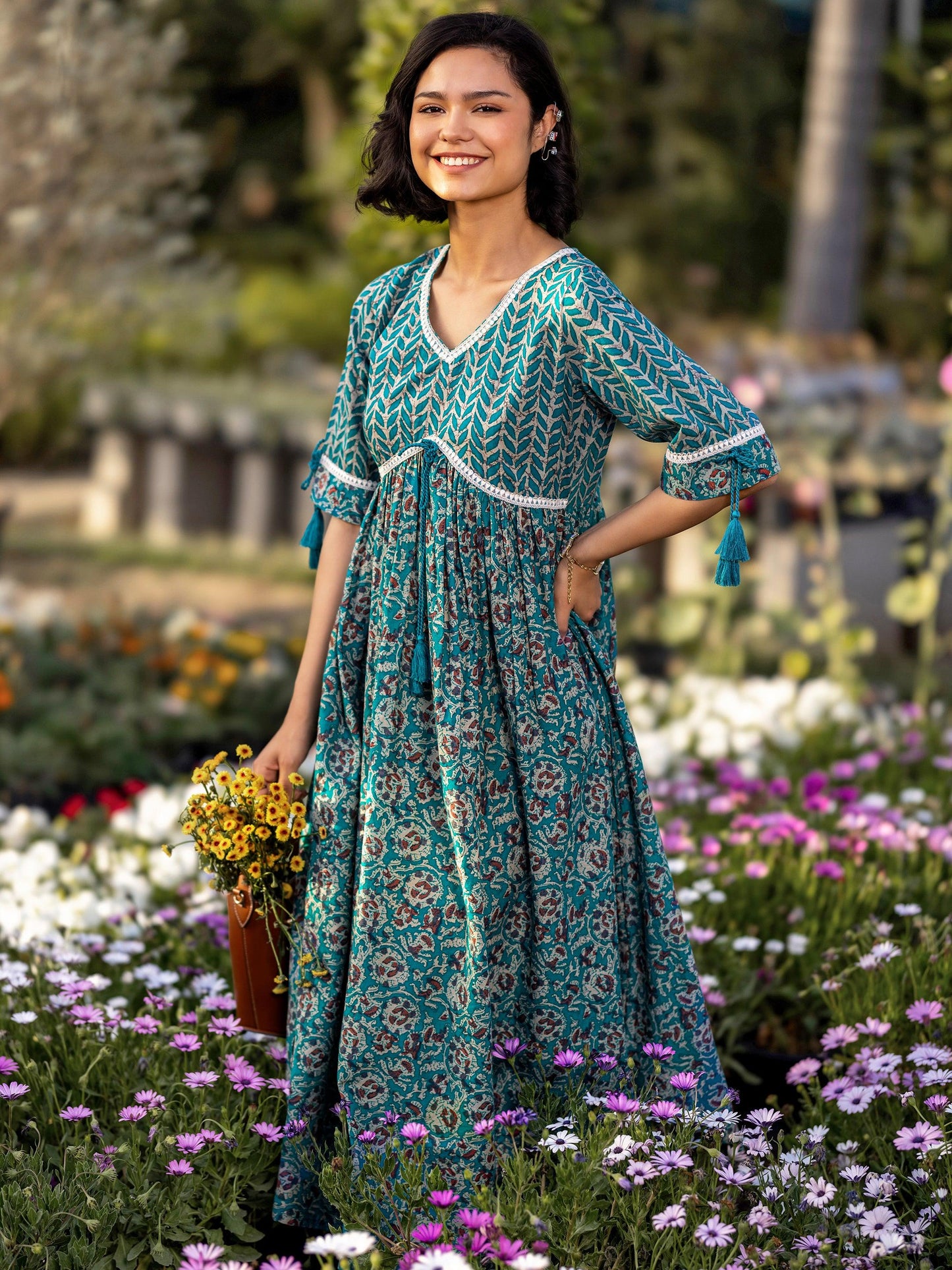 Green Printed Cotton Fit and Flare Dress by My Store