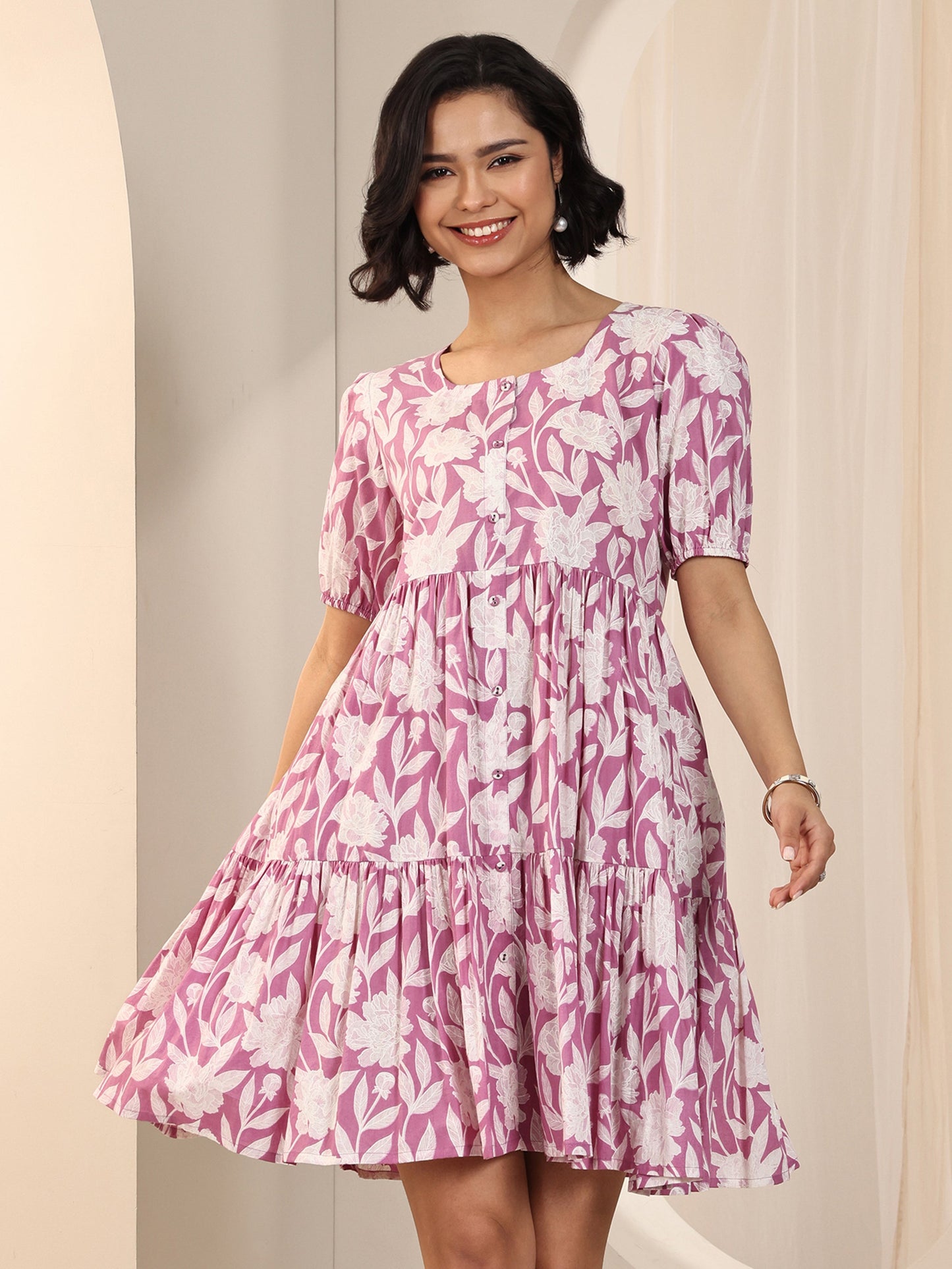 Purple Printed Cotton Fit and Flare One Piece Dress by My Store
