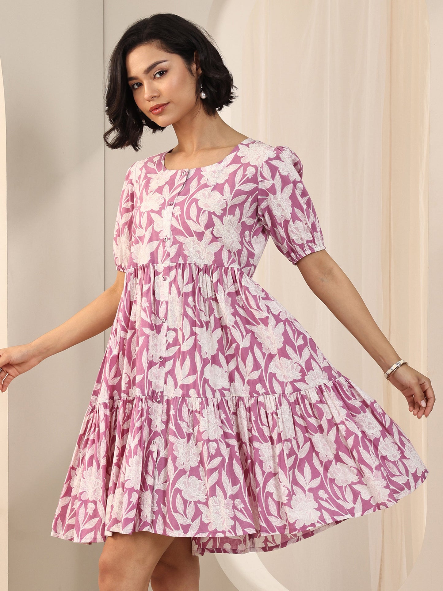 Purple Printed Cotton Fit and Flare One Piece Dress by My Store