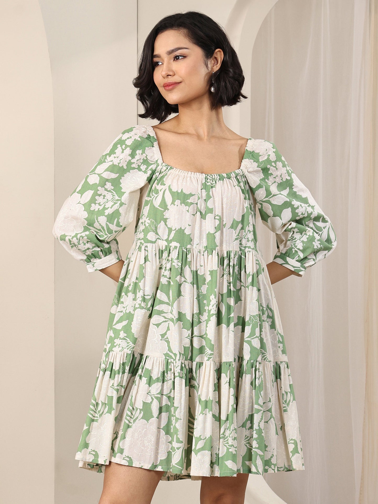 Green Printed Cotton A-Line One Piece Dress by My Store