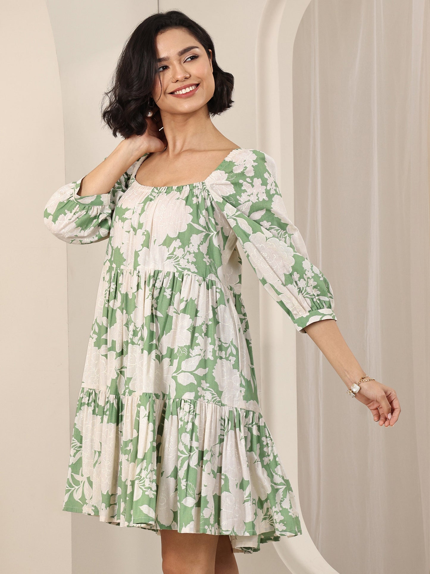 Green Printed Cotton A-Line One Piece Dress by My Store