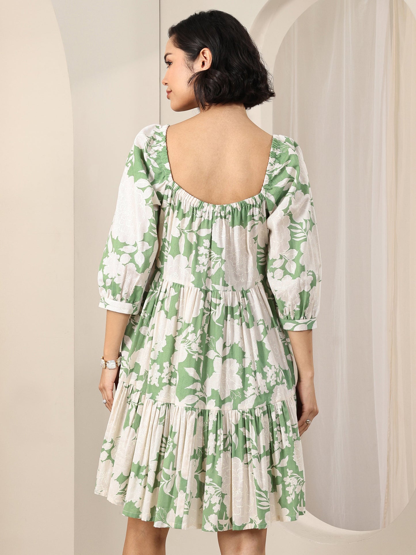 Green Printed Cotton A-Line One Piece Dress by My Store