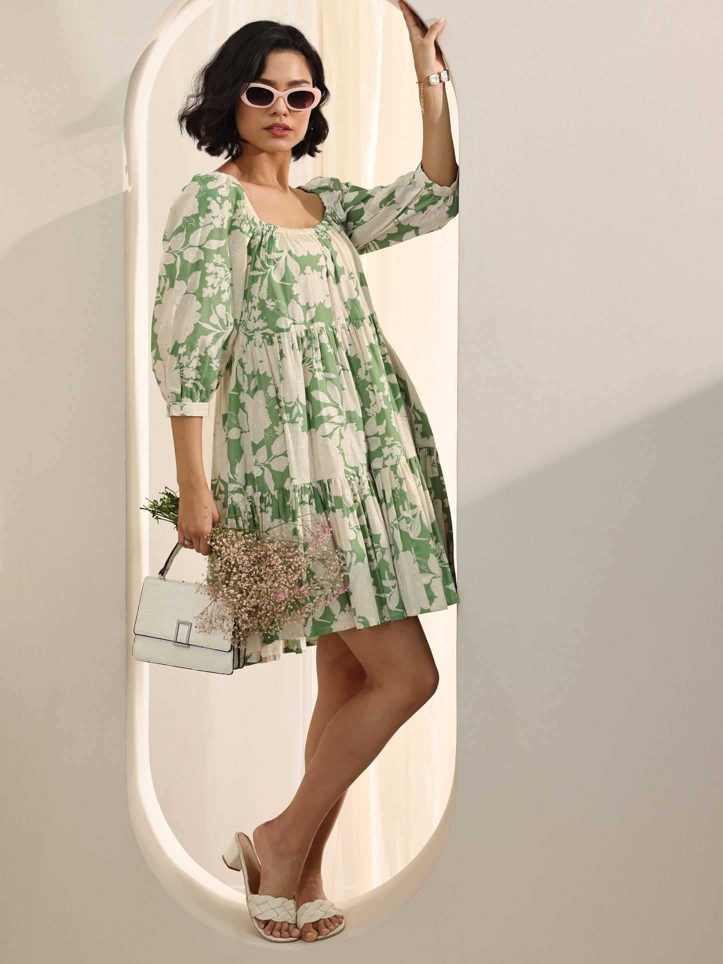 Green Printed Cotton A-Line One Piece Dress by My Store