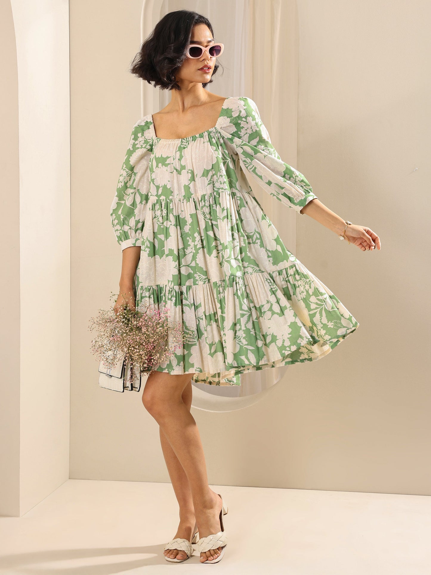 Green Printed Cotton A-Line One Piece Dress by My Store
