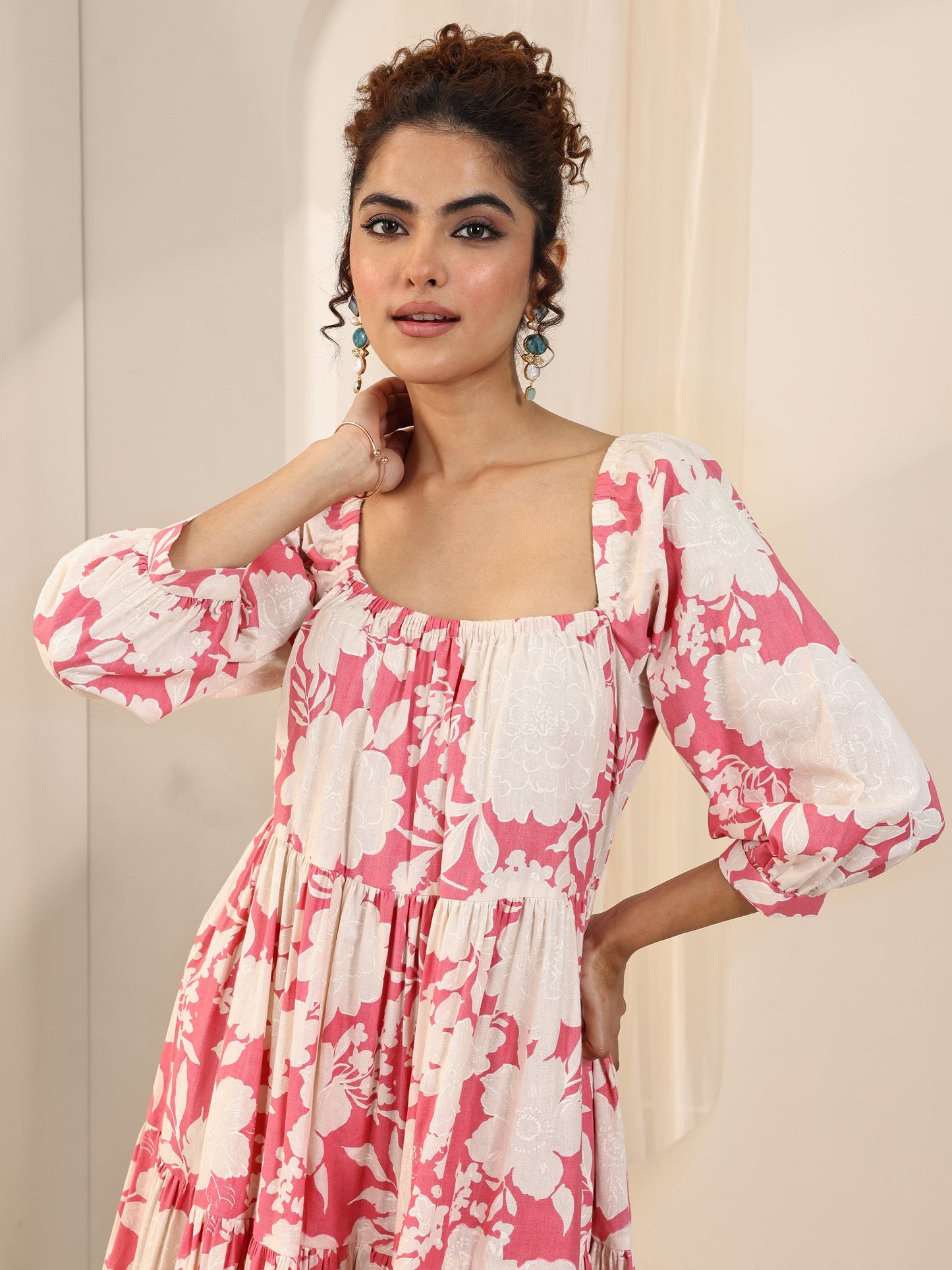 Coral Printed Cotton A-Line One Piece Dress