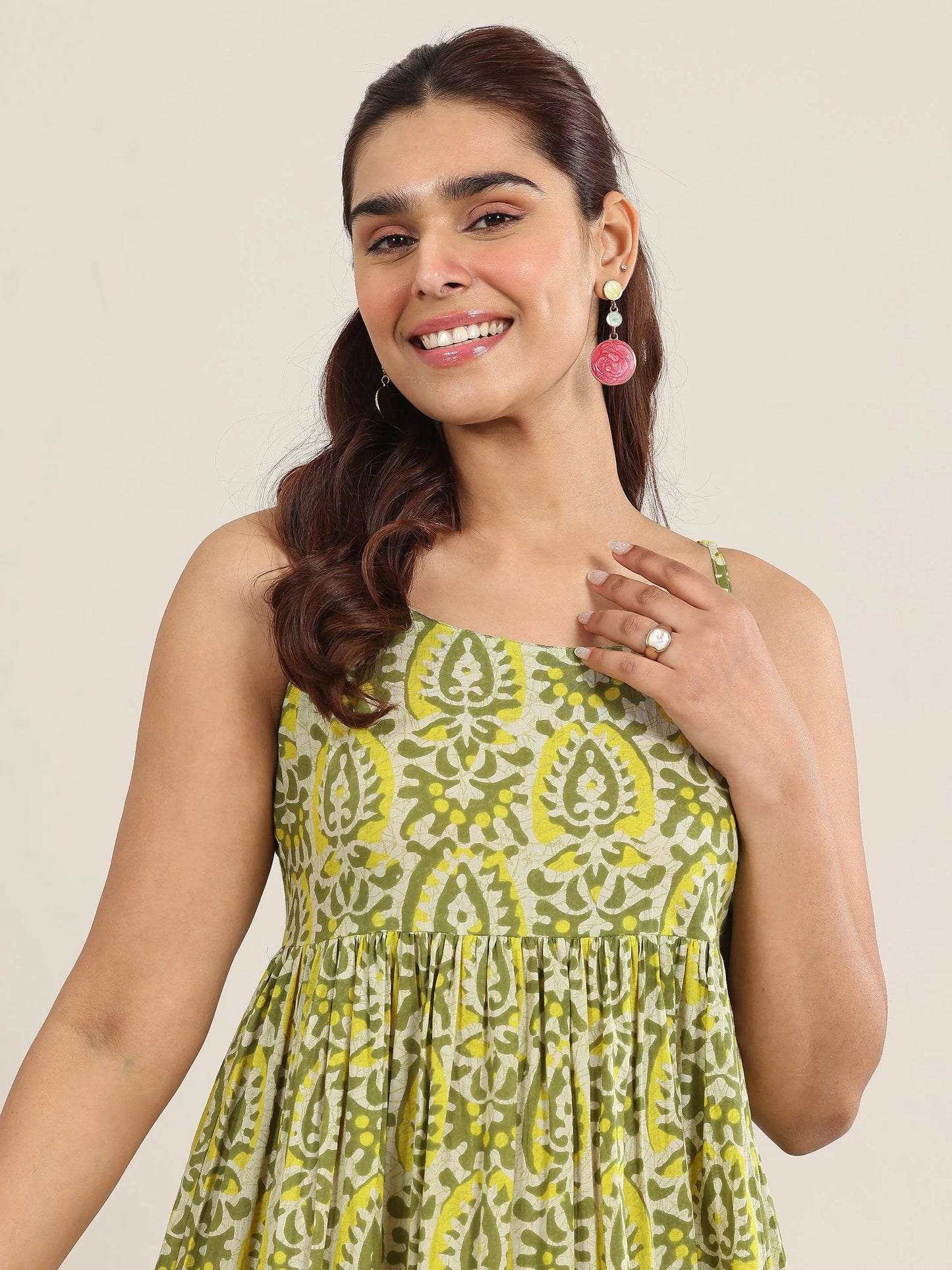 Olive Printed Cotton Fit and Flare One Piece Dress by My Store