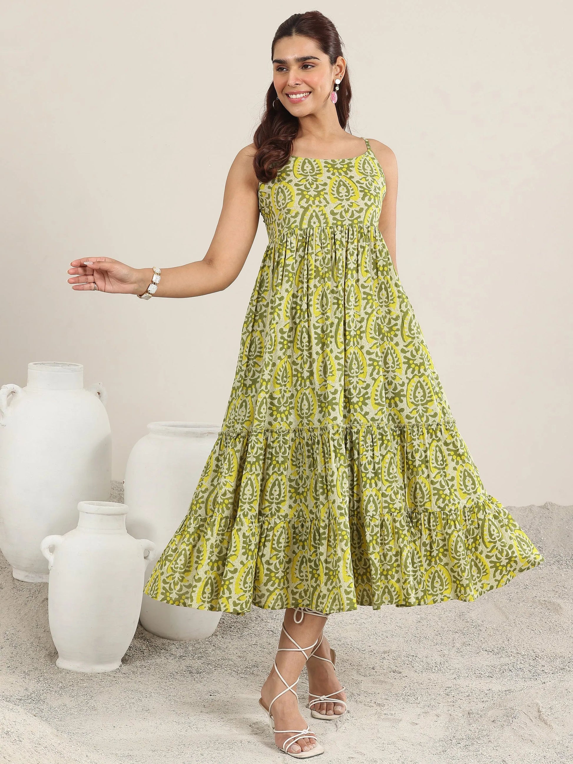 Olive Printed Cotton Fit and Flare One Piece Dress by My Store
