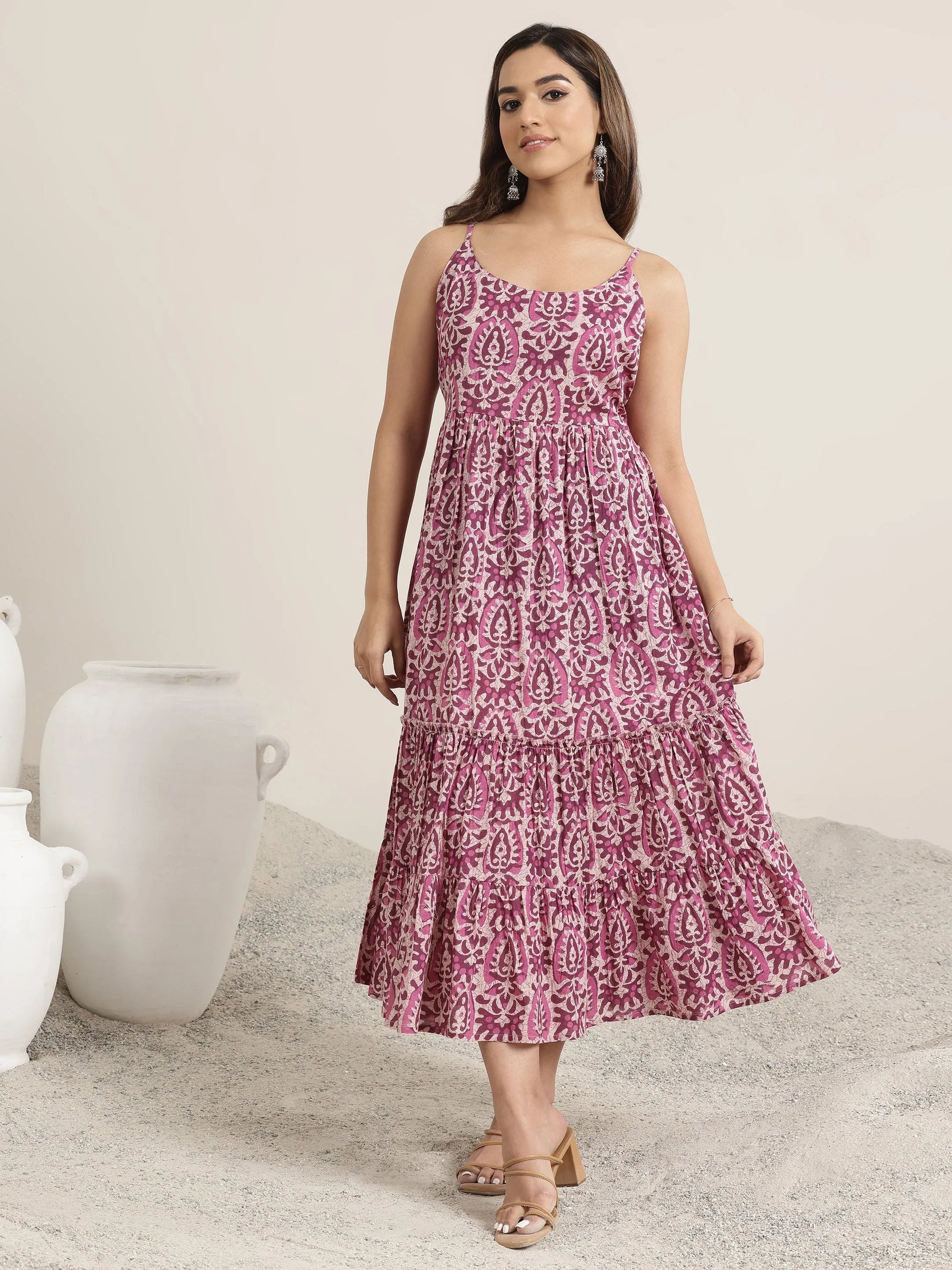 Mauve Printed Cotton Fit and Flare One Piece Dress by My Store